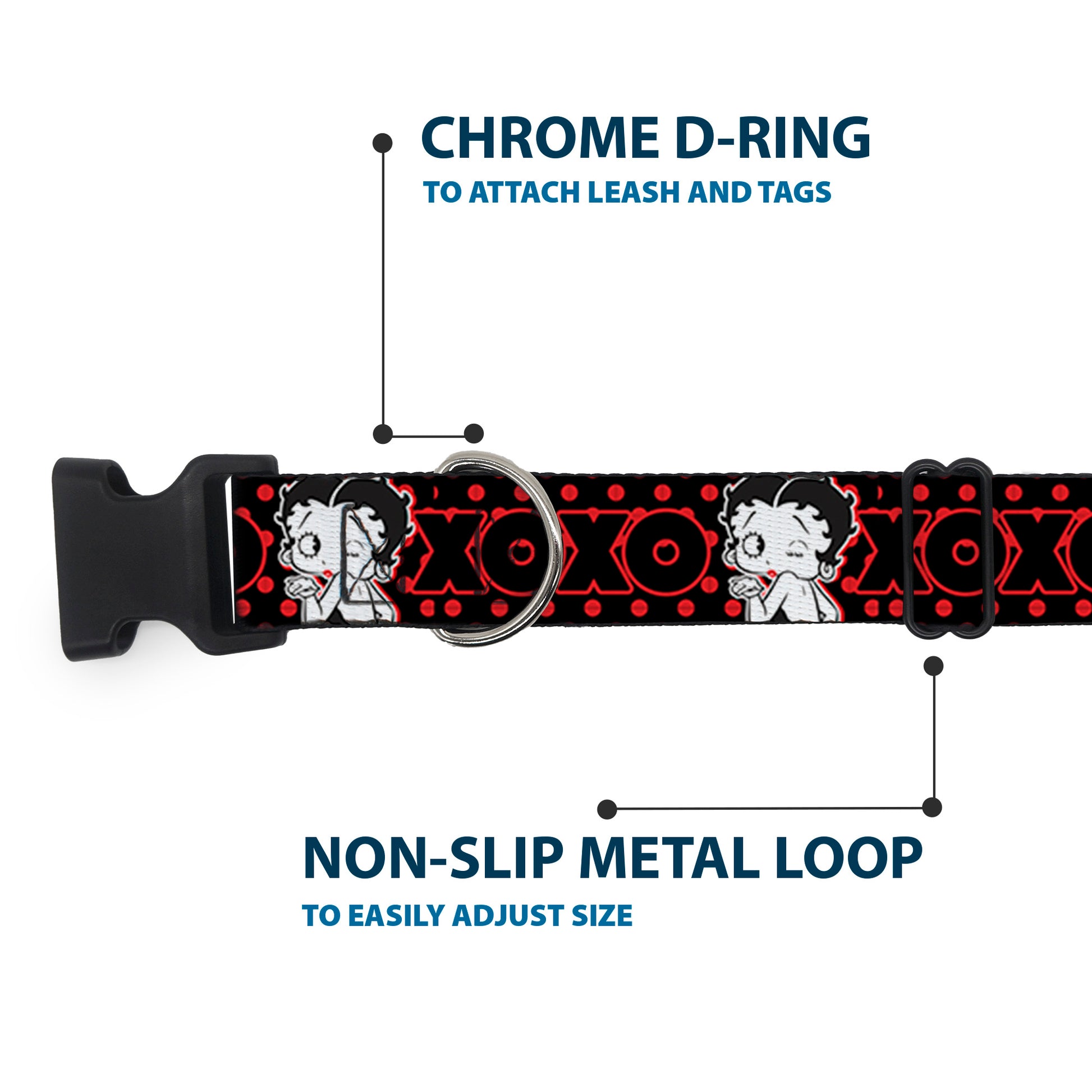 Plastic Clip Collar - Betty Boop Winking Kiss Pose with XOXO Text Polka Dot Black/Red/White Plastic Clip Collars Betty Boop