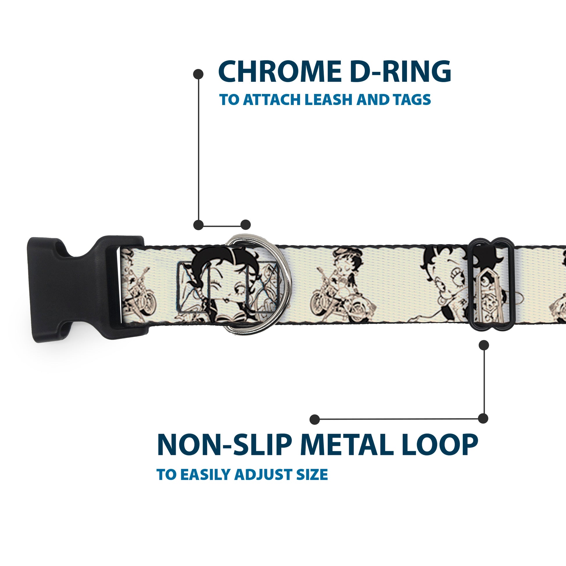 Plastic Clip Collar - Betty Boop Biker Betty Poses Beige/Black Plastic Clip Collars Betty Boop