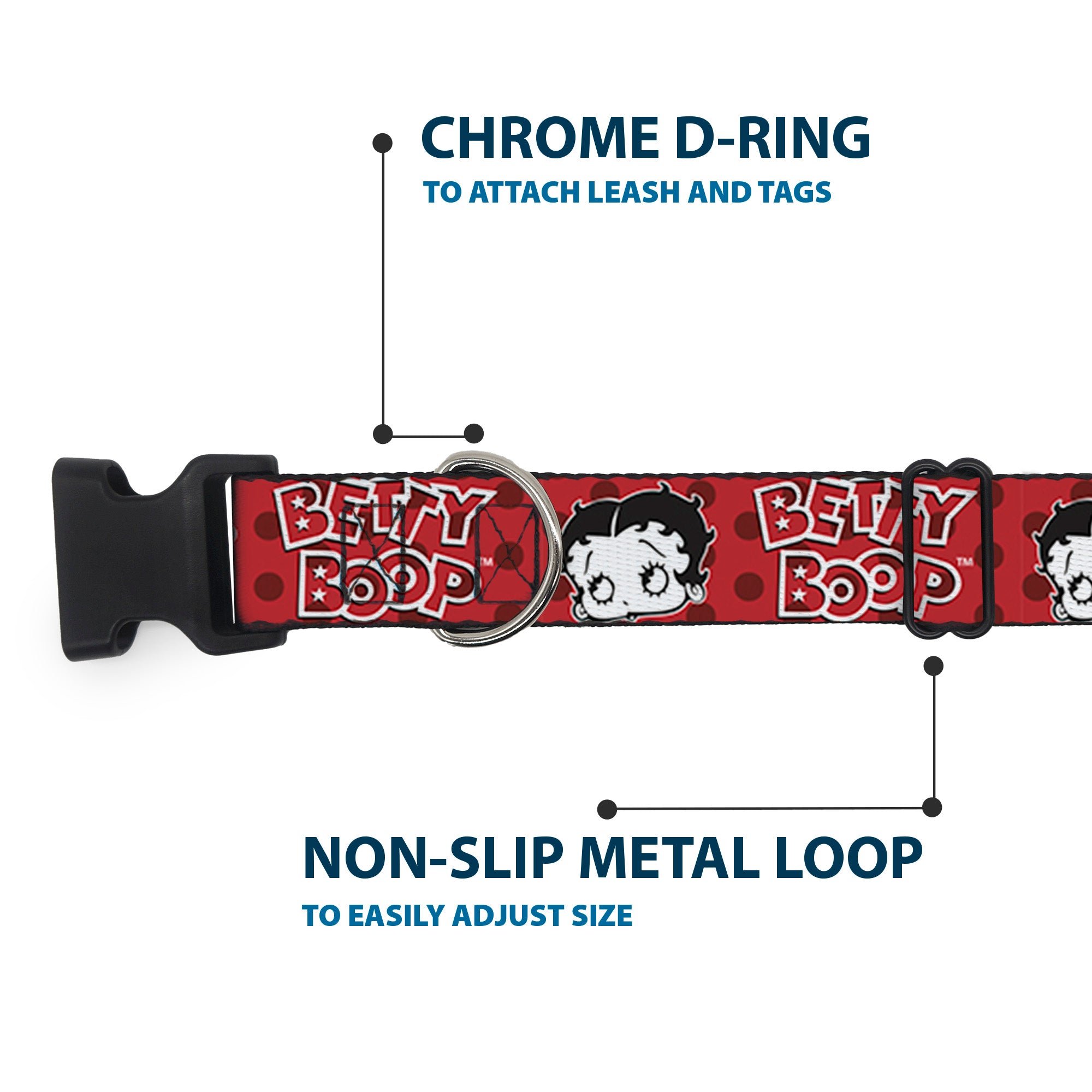 Plastic Clip Collar - BETTY BOOP Face and Text Polka Dot Reds/Black/White Plastic Clip Collars Betty Boop