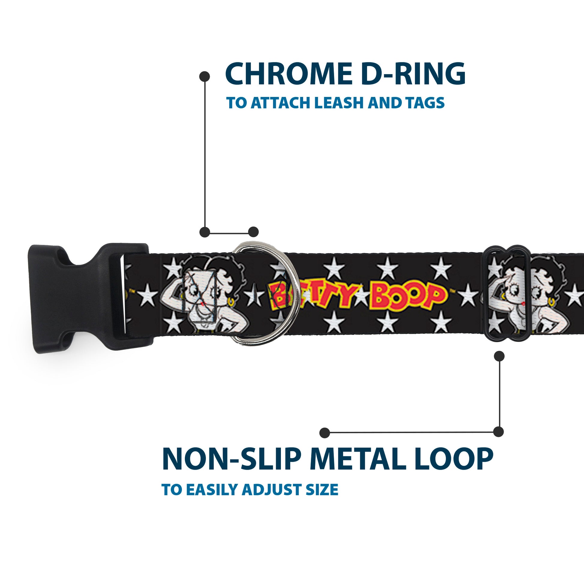 Plastic Clip Collar - BETTY BOOP Salute Pose and Text Stars Black/White/Yellow/Red Plastic Clip Collars Betty Boop