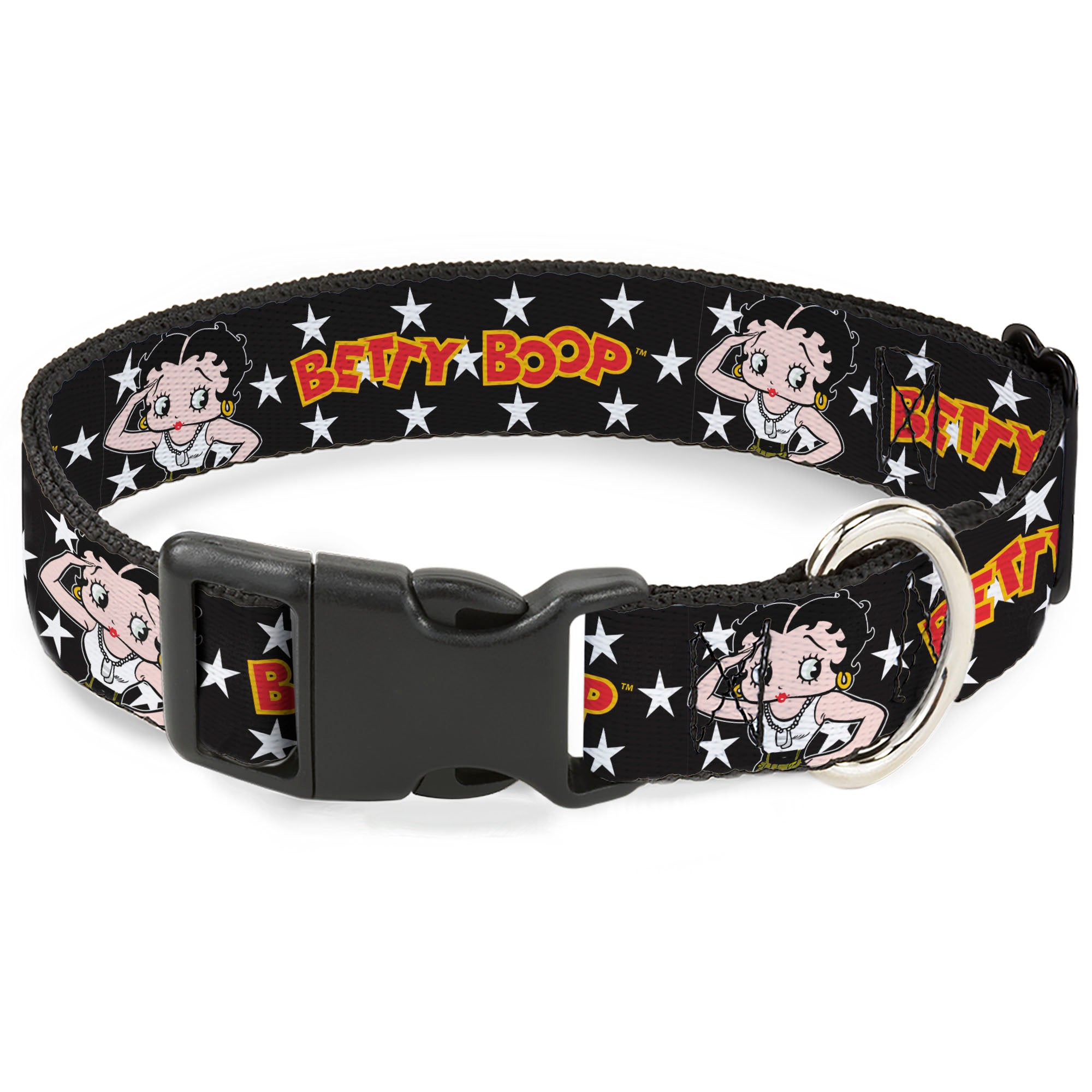 Plastic Clip Collar - BETTY BOOP Salute Pose and Text Stars Black/White/Yellow/Red Plastic Clip Collars Betty Boop