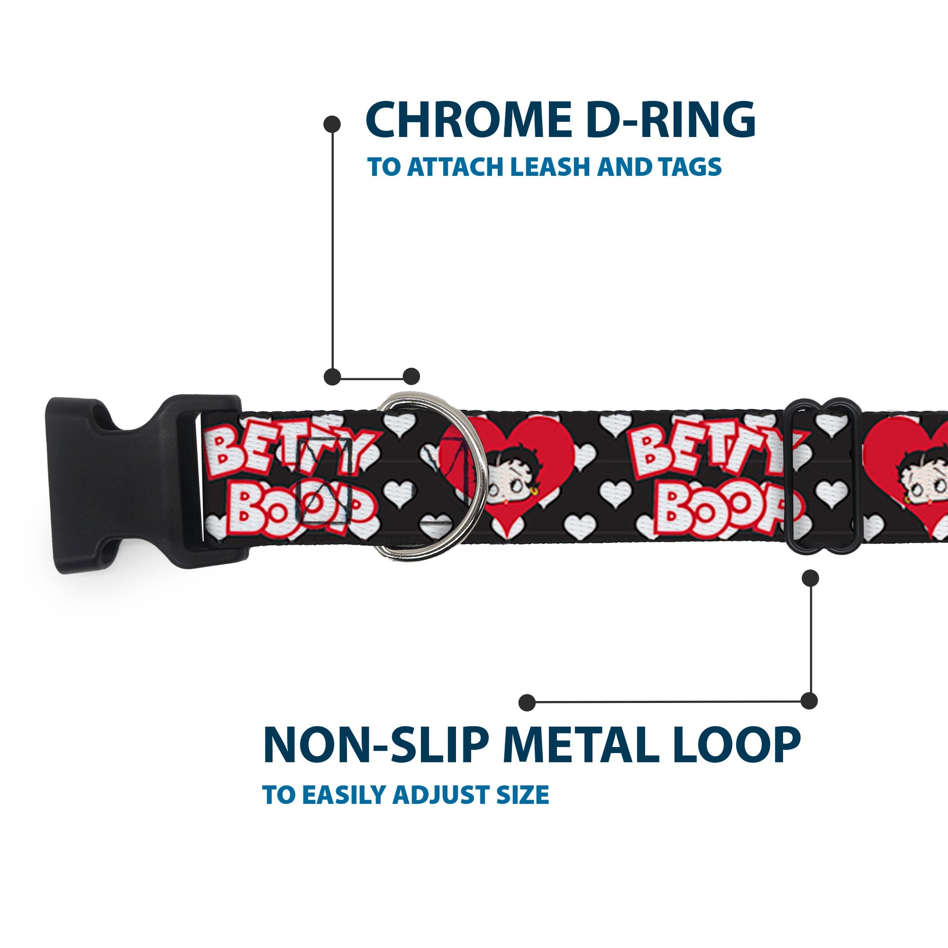 Plastic Clip Collar - BETTY BOOP Face and Text Hearts Black/White/Red Plastic Clip Collars Betty Boop