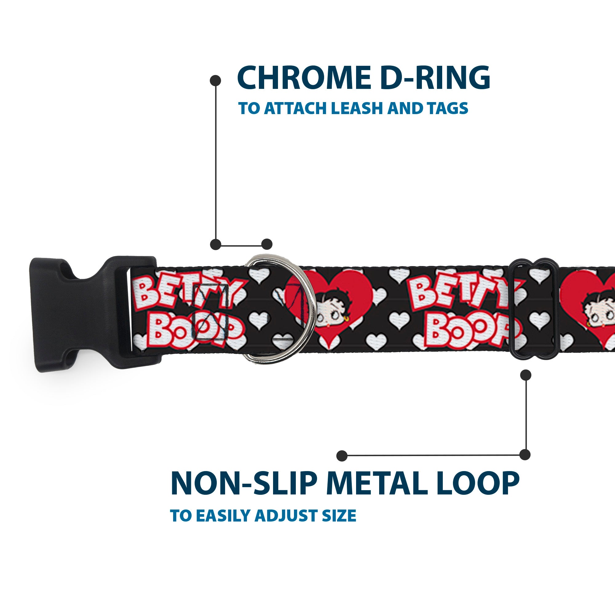 Plastic Clip Collar - BETTY BOOP Face and Text Hearts Black/White/Red Plastic Clip Collars Betty Boop