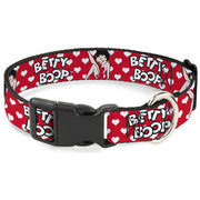 Plastic Clip Collar - BETTY BOOP Seated Leg Kick Pose and Text Hearts Red/White/Black Plastic Clip Collars Betty Boop