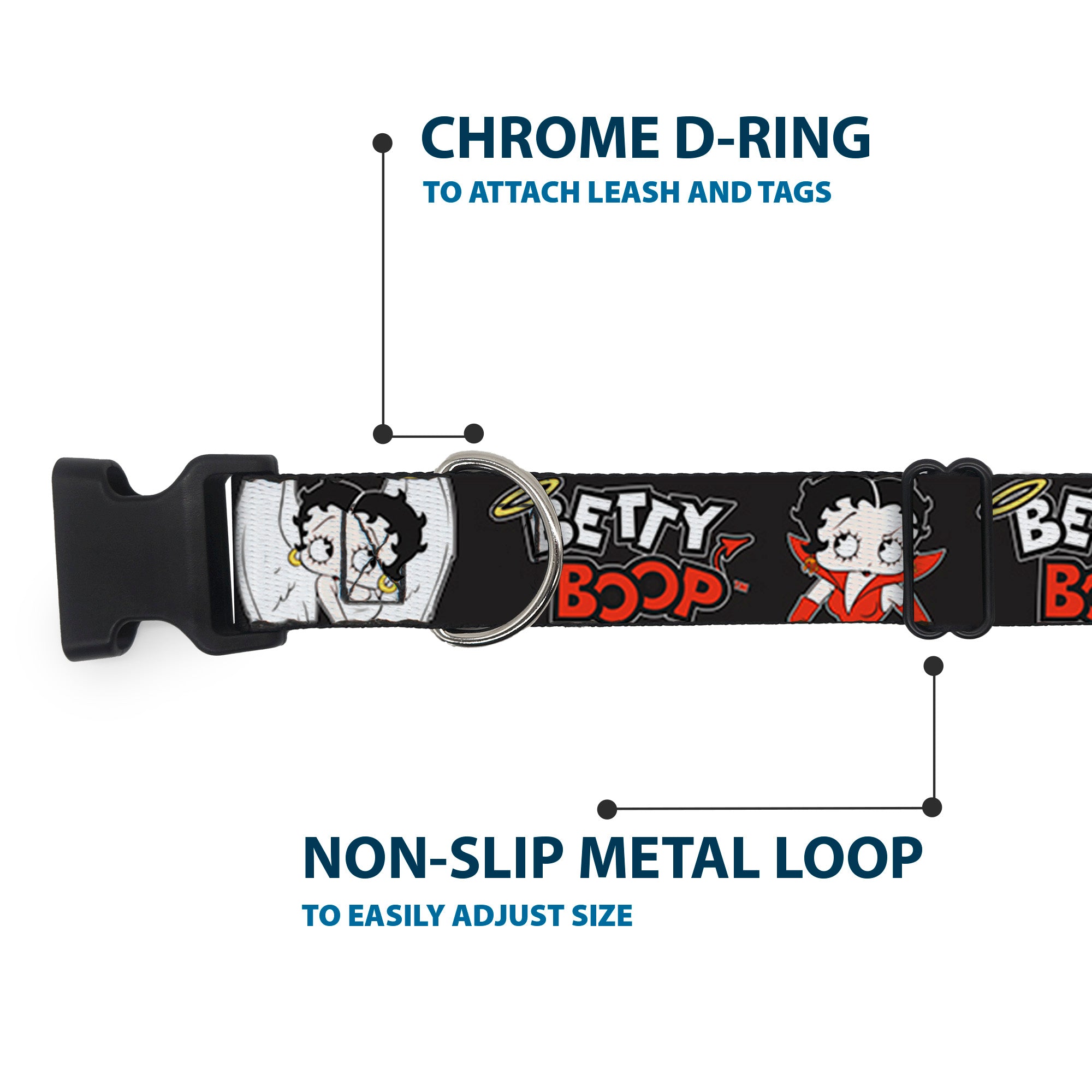 Plastic Clip Collar - BETTY BOOP Angel and Devil Poses with Text Black/White/Red Plastic Clip Collars Betty Boop