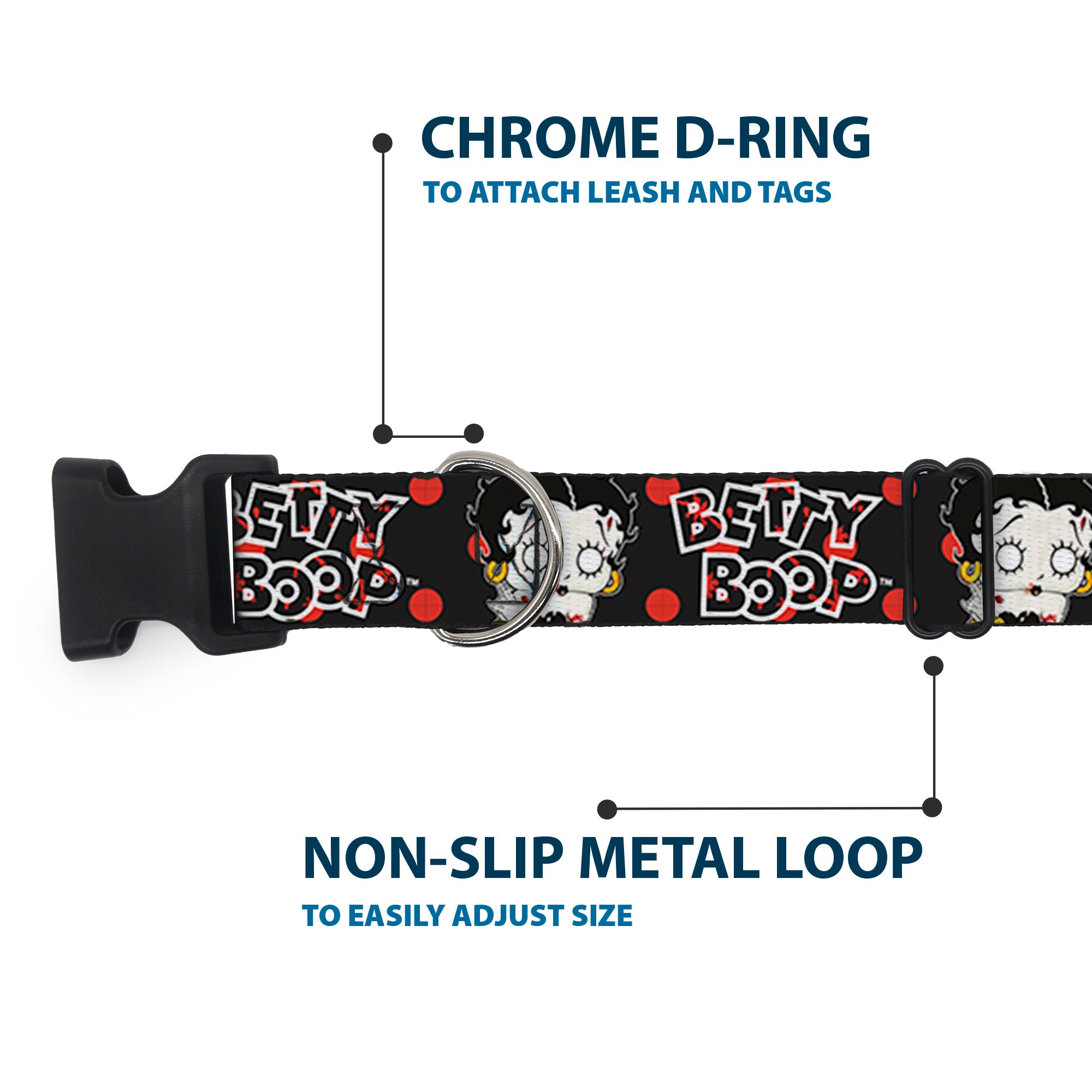 Plastic Clip Collar - BETTY BOOP Zombie Betty and Text Polka Dot Black/Red/White Plastic Clip Collars Betty Boop