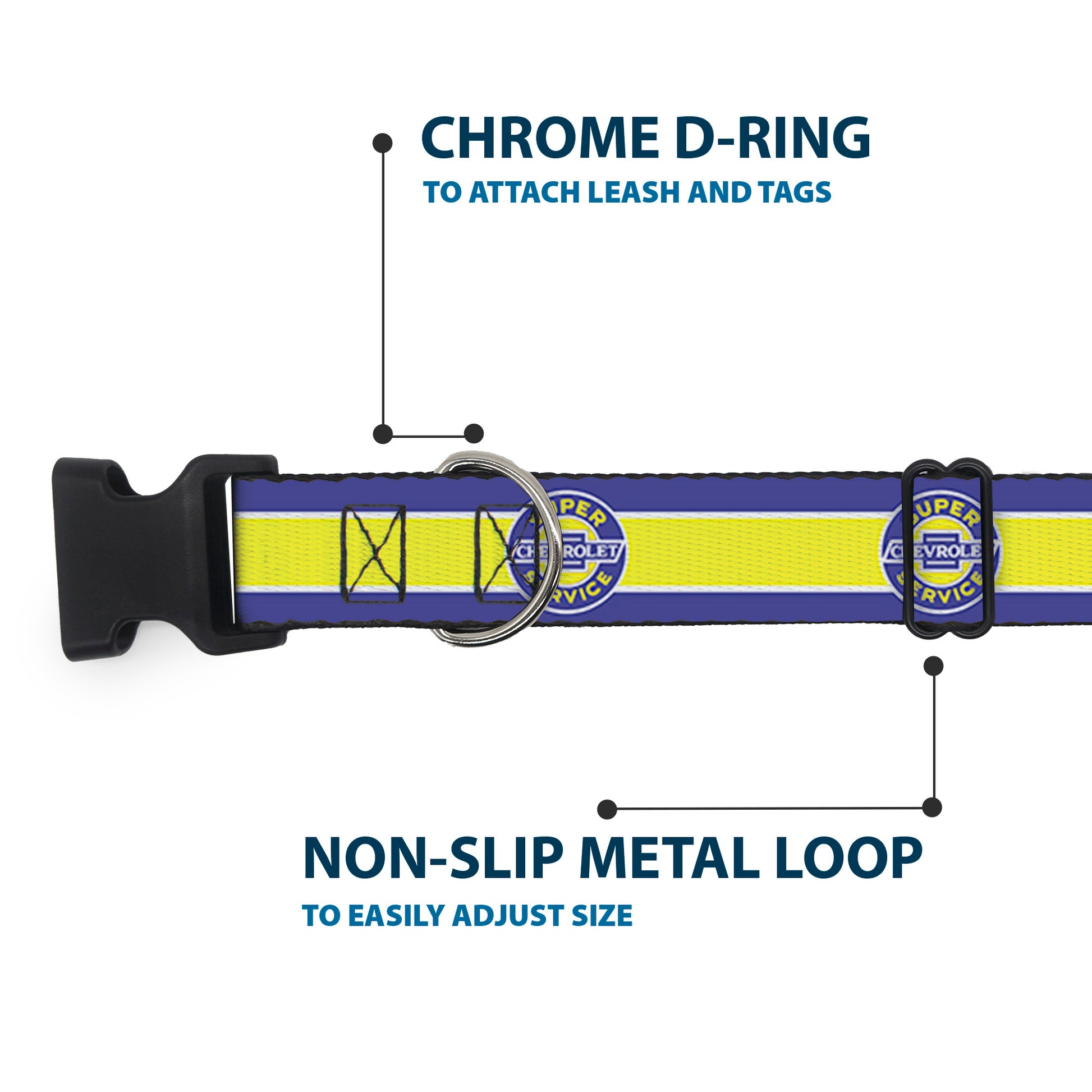 Plastic Clip Collar - CHEVROLET SUPER SERVICE Logo/Stripe Blue/White/Yellow Plastic Clip Collars GM General Motors