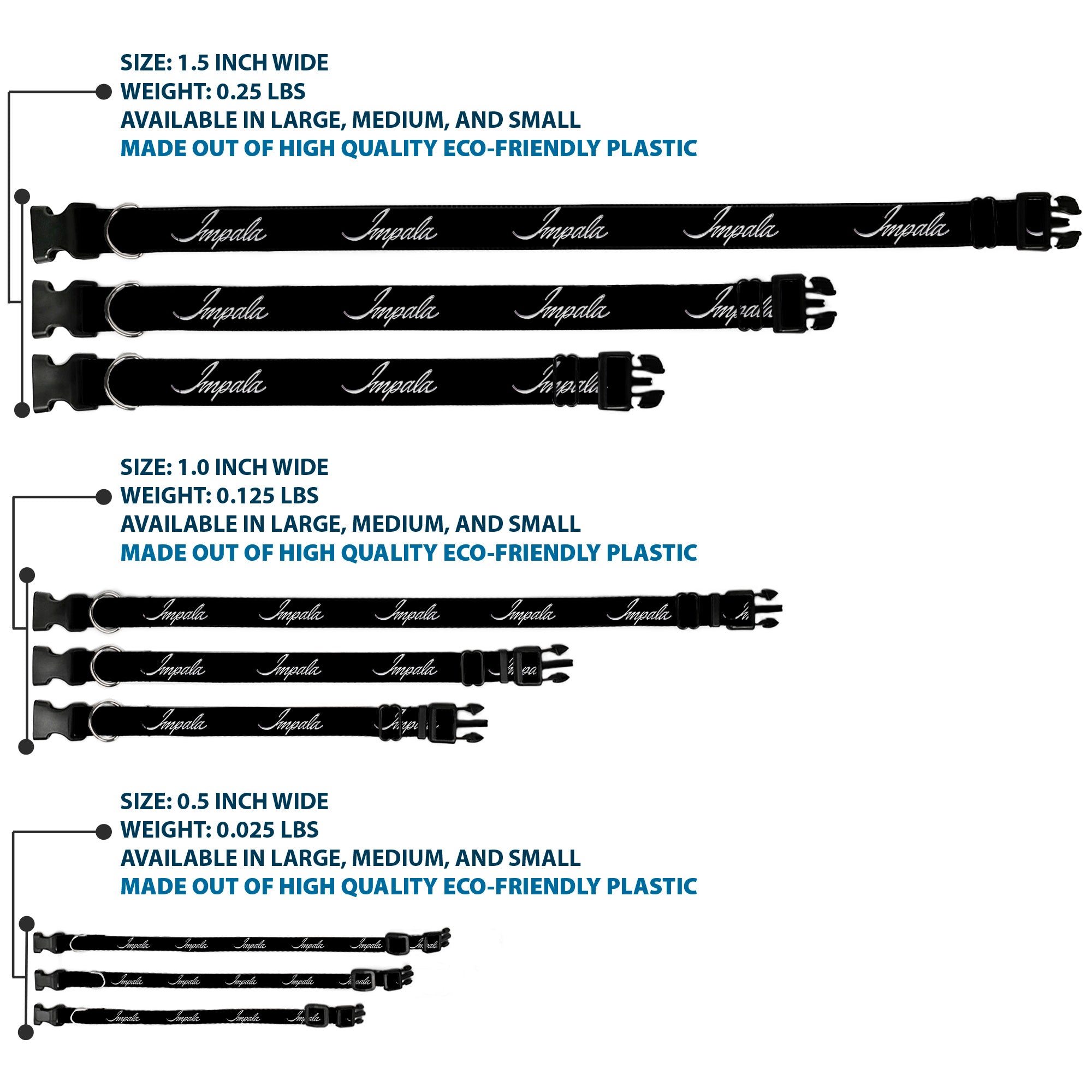 Plastic Clip Collar - IMPALA Script Emblem Black/Silver Plastic Clip Collars GM General Motors