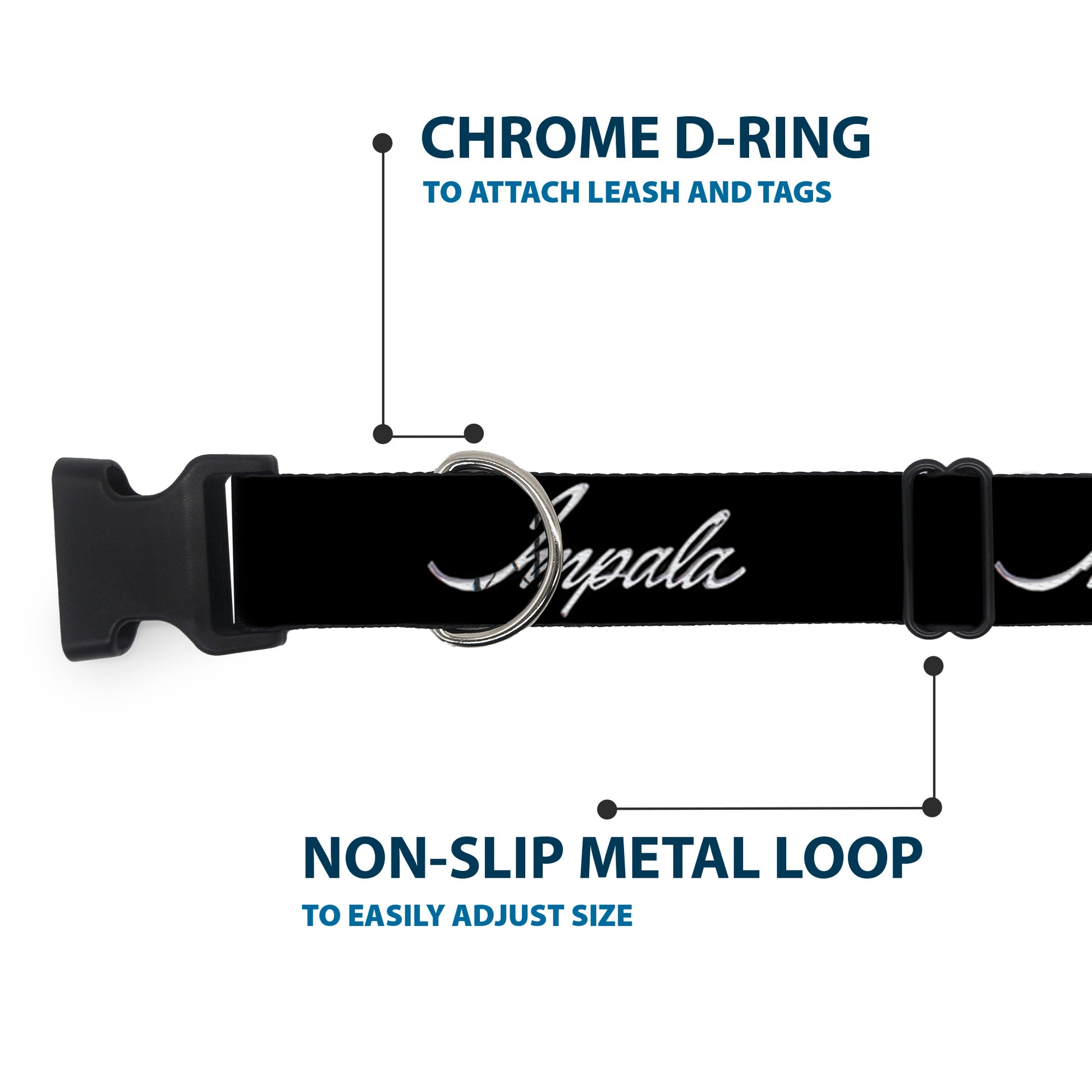 Plastic Clip Collar - IMPALA Script Emblem Black/Silver Plastic Clip Collars GM General Motors