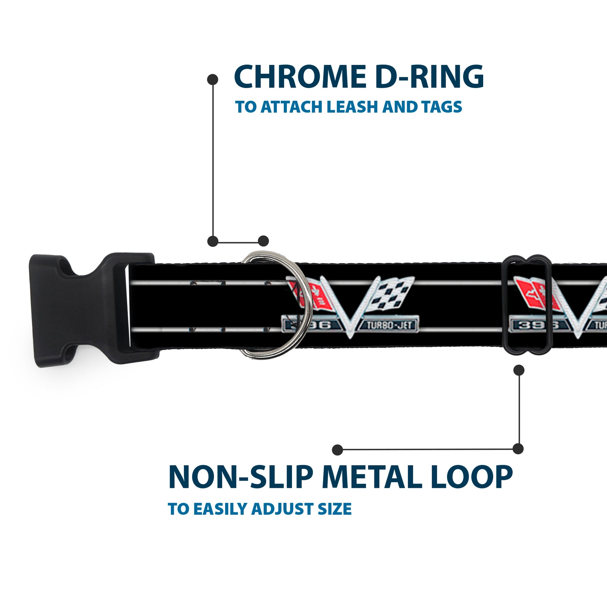 Plastic Clip Collar - 1967 Impala 396 TURBO-JET V Emblem/Stripe Black/Silver/Red/White Plastic Clip Collars GM General Motors