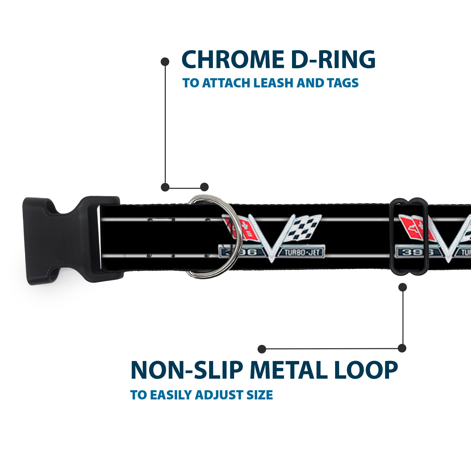 Plastic Clip Collar - 1967 Impala 396 TURBO-JET V Emblem/Stripe Black/Silver/Red/White Plastic Clip Collars GM General Motors