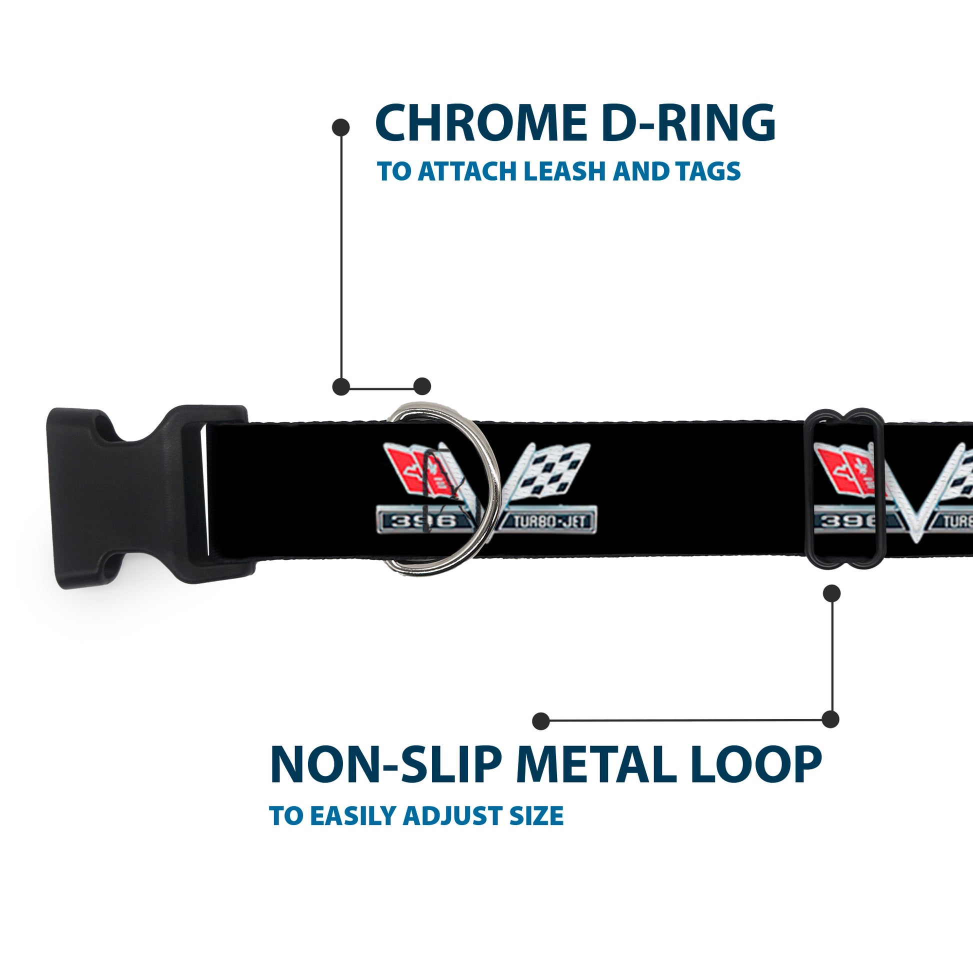 Plastic Clip Collar - 1967 Impala 396 TURBO-JET V Emblem Black/Silver/Red/White Plastic Clip Collars GM General Motors
