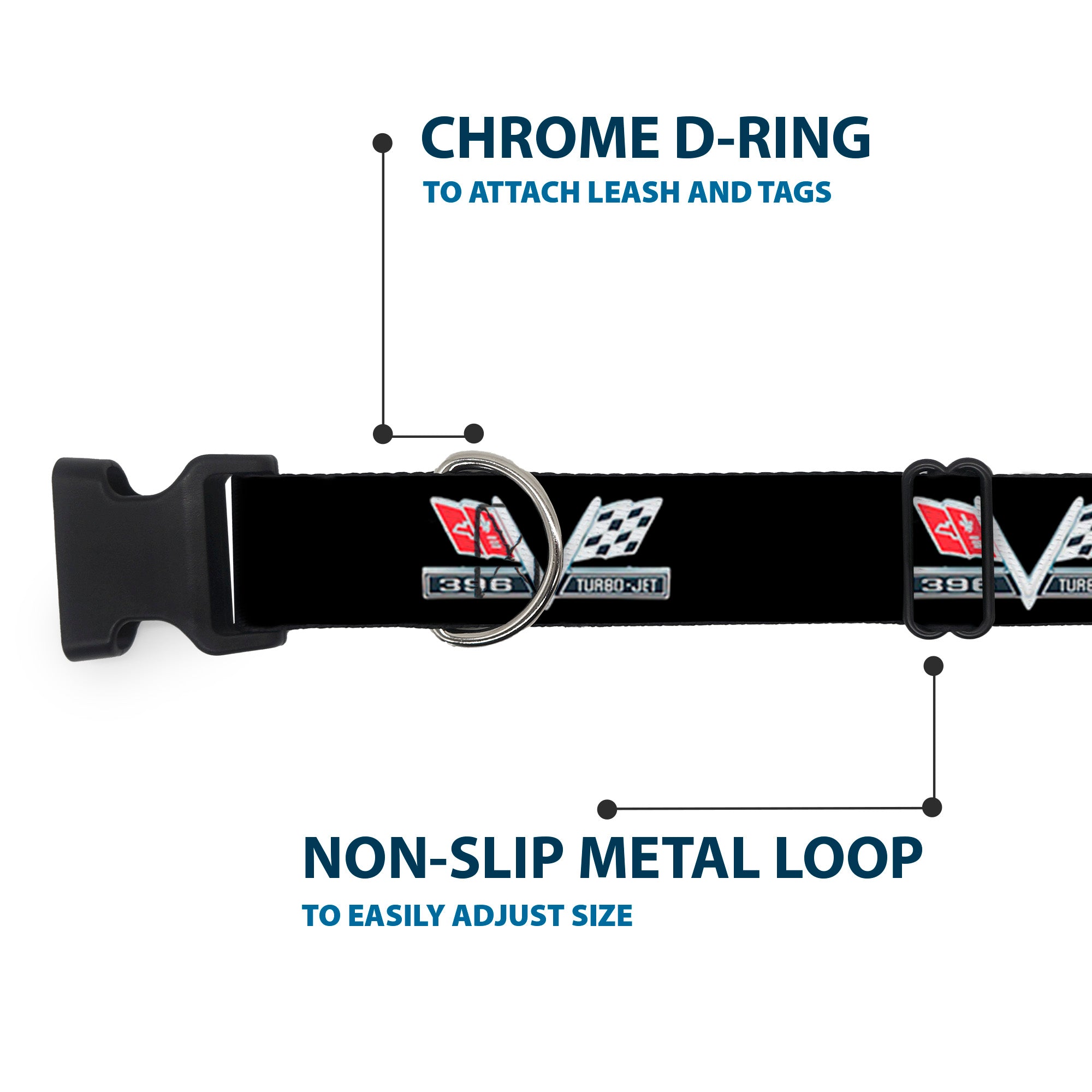 Plastic Clip Collar - 1967 Impala 396 TURBO-JET V Emblem Black/Silver/Red/White Plastic Clip Collars GM General Motors