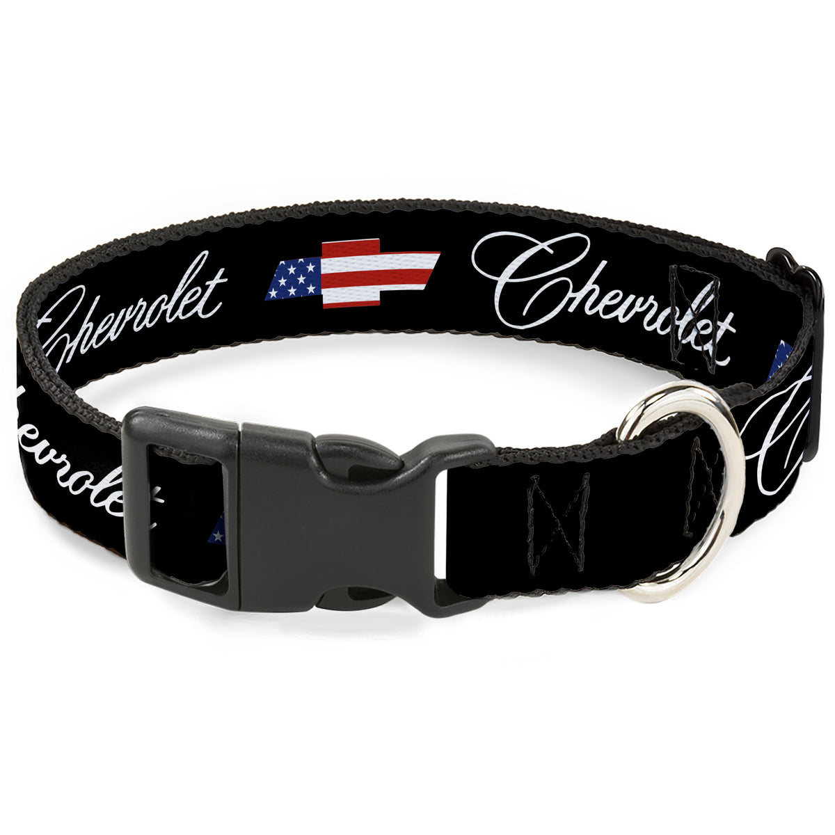 Plastic Clip Collar - CHEVROLET Script and Americana Bowtie Black Dog Collars Plastic Clip Side Release Chevrolet