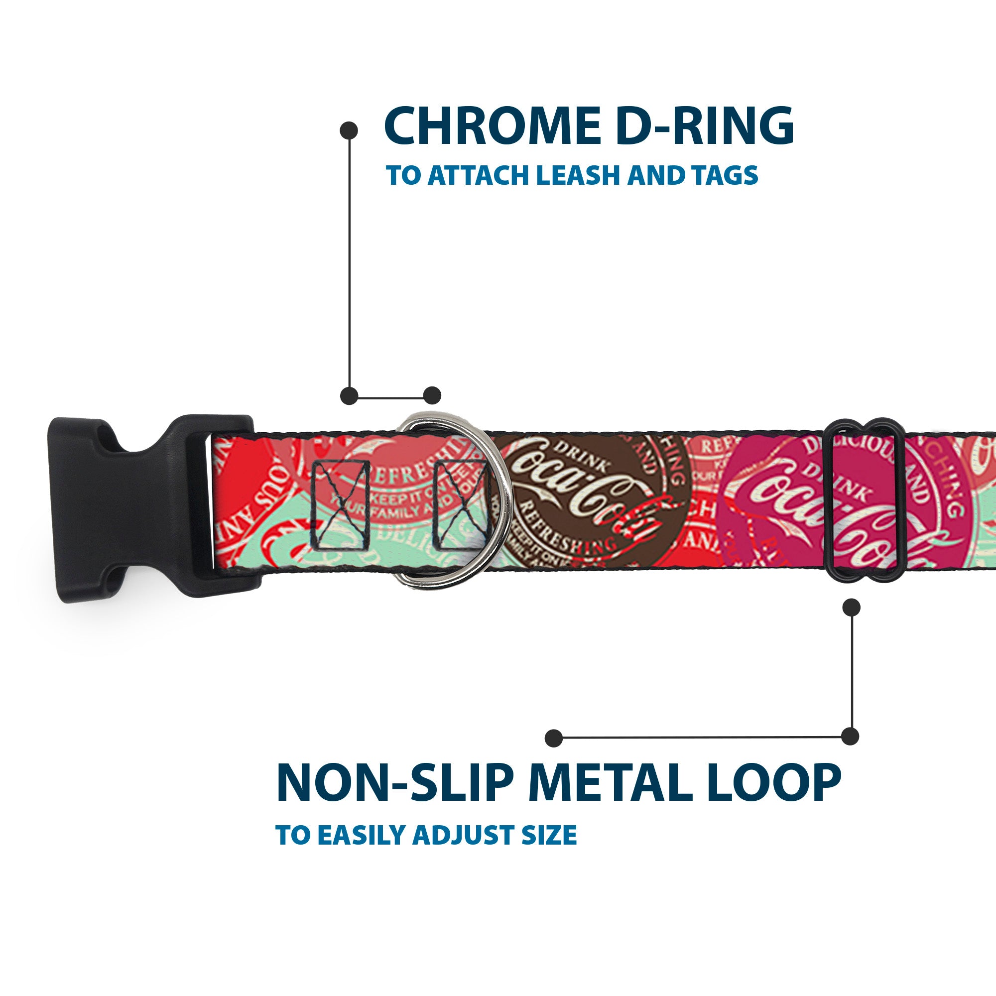 Plastic Clip Collar - DRINK COCA-COLA Coke Patches Stacked Reds/Multi Color Plastic Clip Collars Coca-Cola