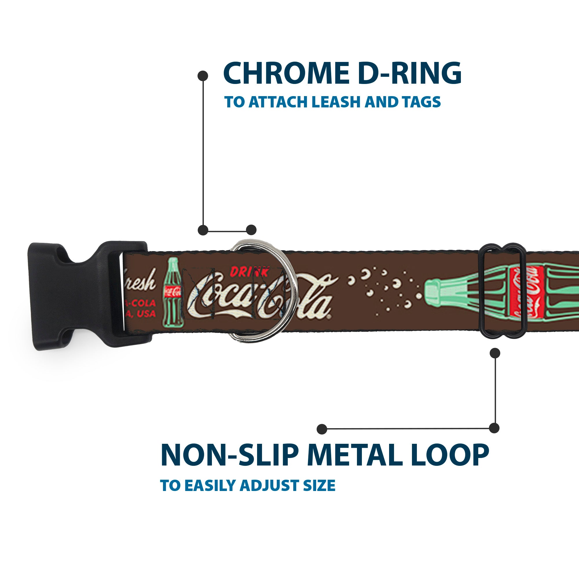 Plastic Clip Collar - Coca-Cola PAUSE AND REFRESH Typography and Bottle Brown/Red/White Plastic Clip Collars Coca-Cola