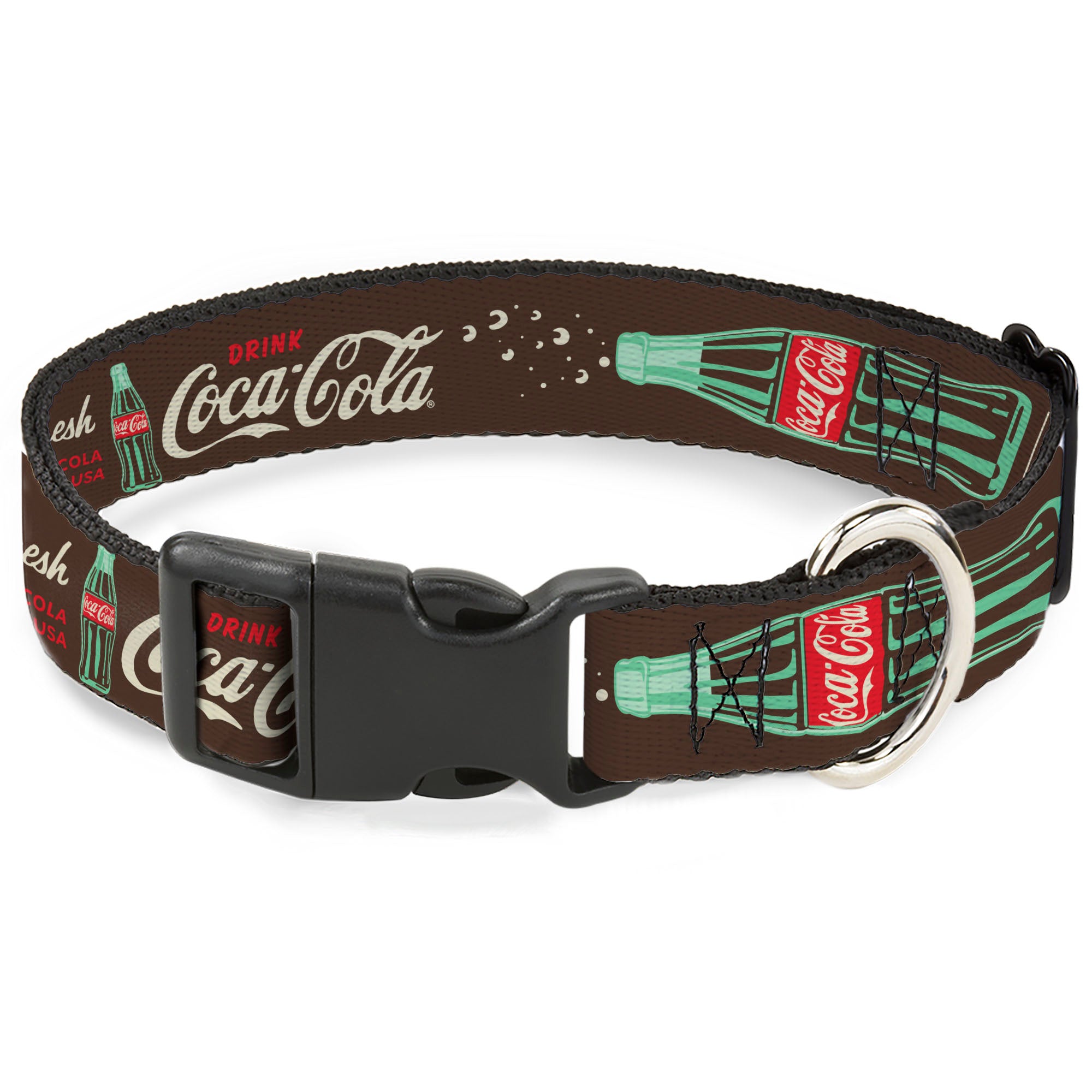 Plastic Clip Collar - Coca-Cola PAUSE AND REFRESH Typography and Bottle Brown/Red/White Plastic Clip Collars Coca-Cola