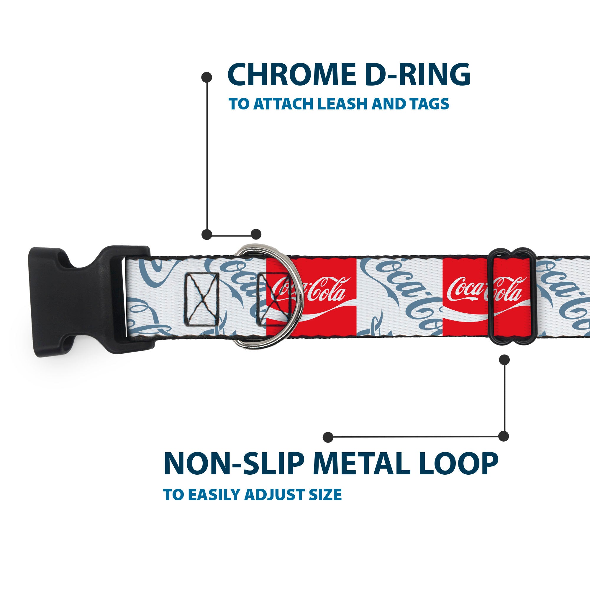 Plastic Clip Collar - COCA-COLA Script Logo Blocks Red/White/Light Blue Plastic Clip Collars Coca-Cola