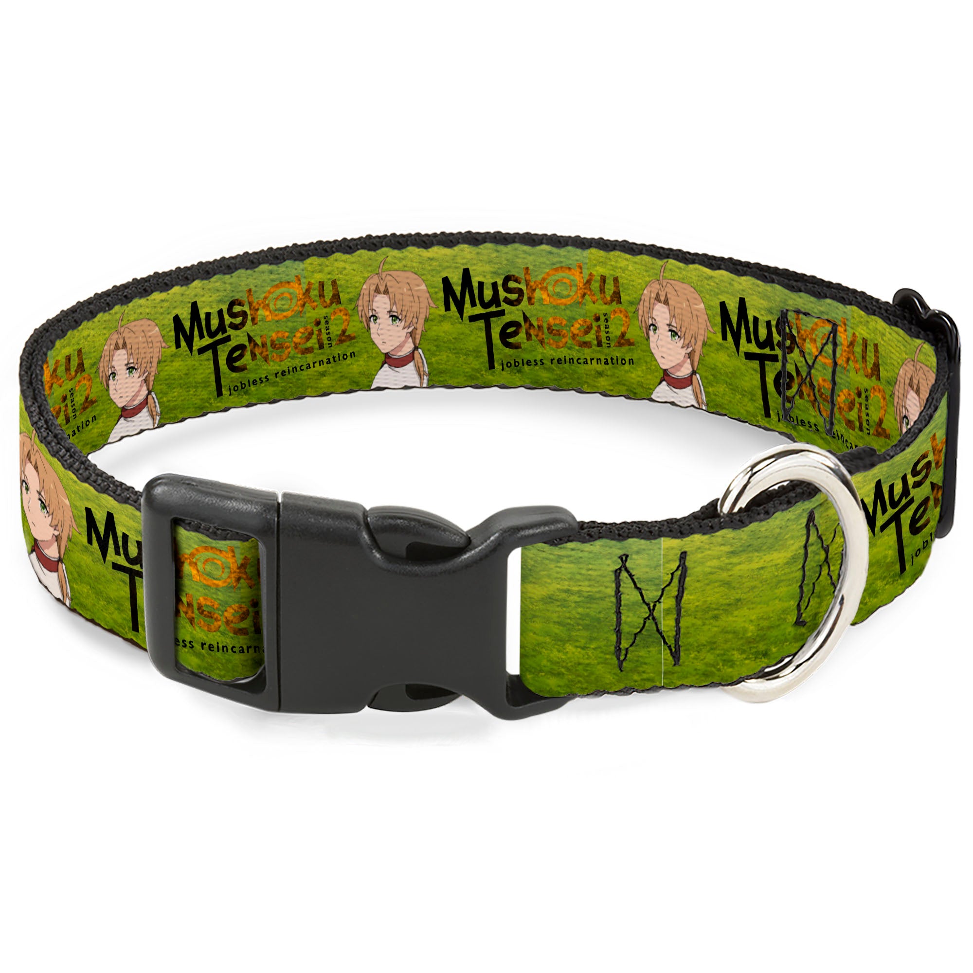 Plastic Clip Collar - MUSHOKU TENSEI Rudeus Greyrat Pose and Title Logo Green Plastic Clip Collars Mushoku Tensei Jobless Reincarnation