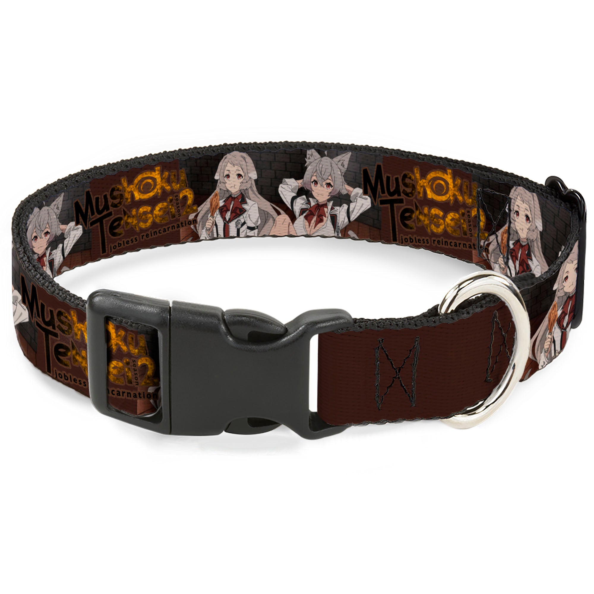 Plastic Clip Collar - MUSHOKU TENSEI Pursena and Minitona Pose and Title Logo Brown Plastic Clip Collars Mushoku Tensei Jobless Reincarnation