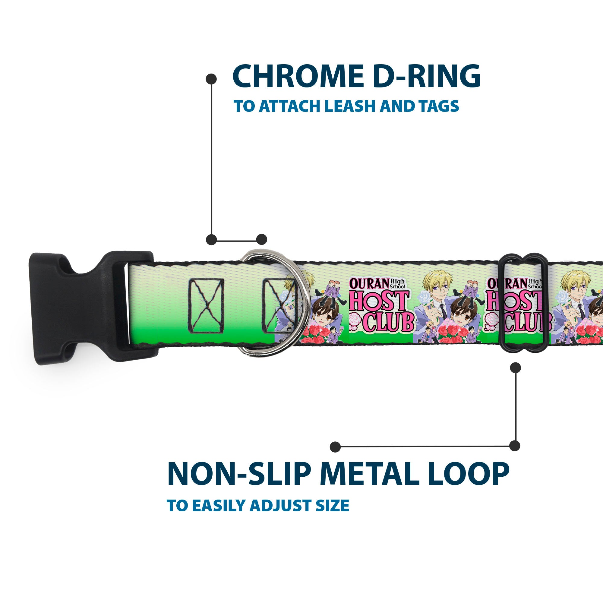 Plastic Clip Collar - OURAN HIGH SCHOOL HOST CLUB Haruhi and Friends Group Pose and Title Logo Greens Plastic Clip Collars Ouran High School Host Club