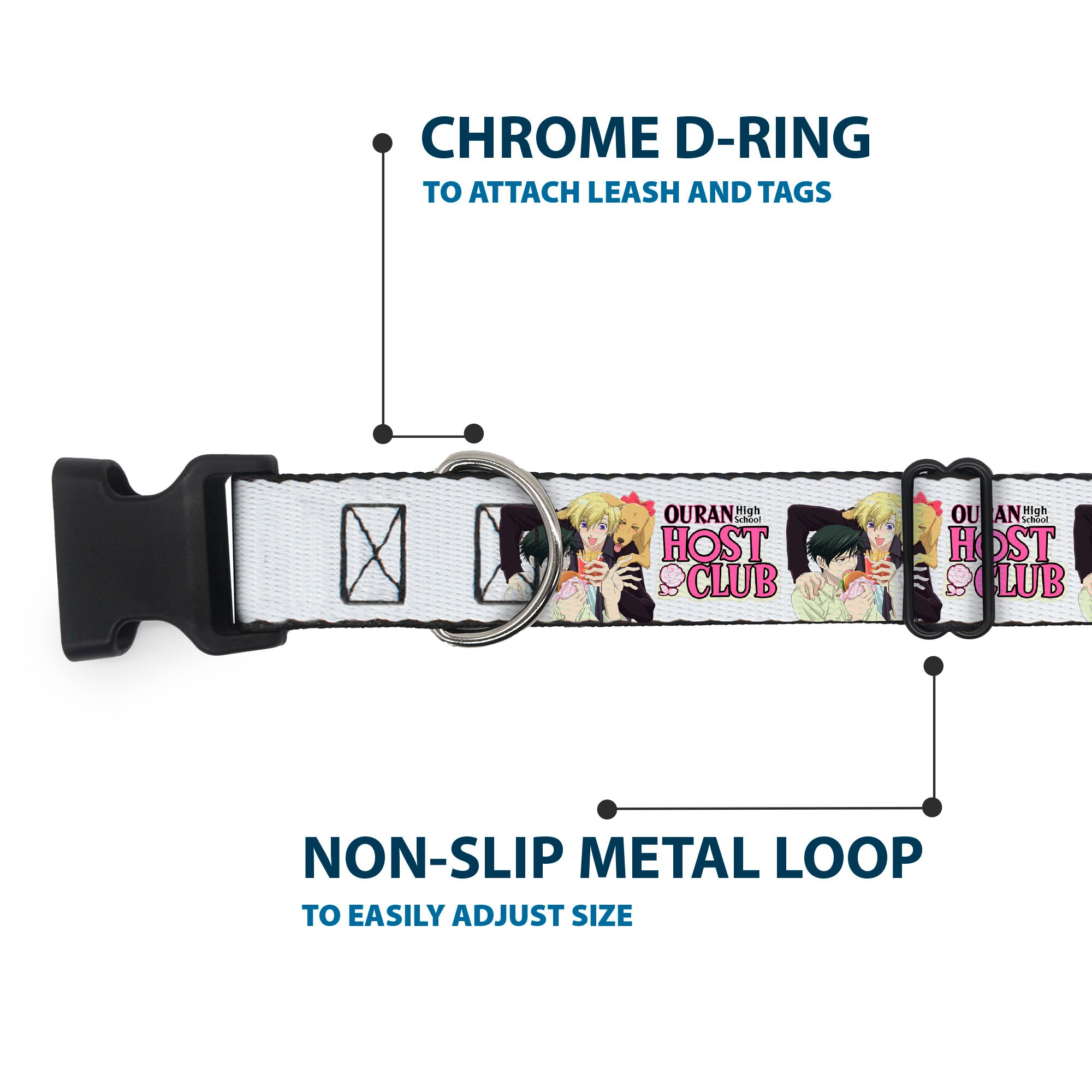 Plastic Clip Collar - OURAN HIGH SCHOOL HOST CLUB Kyoya Haruhi and Antoinette Pose and Title Logo White Plastic Clip Collars Ouran High School Host Club