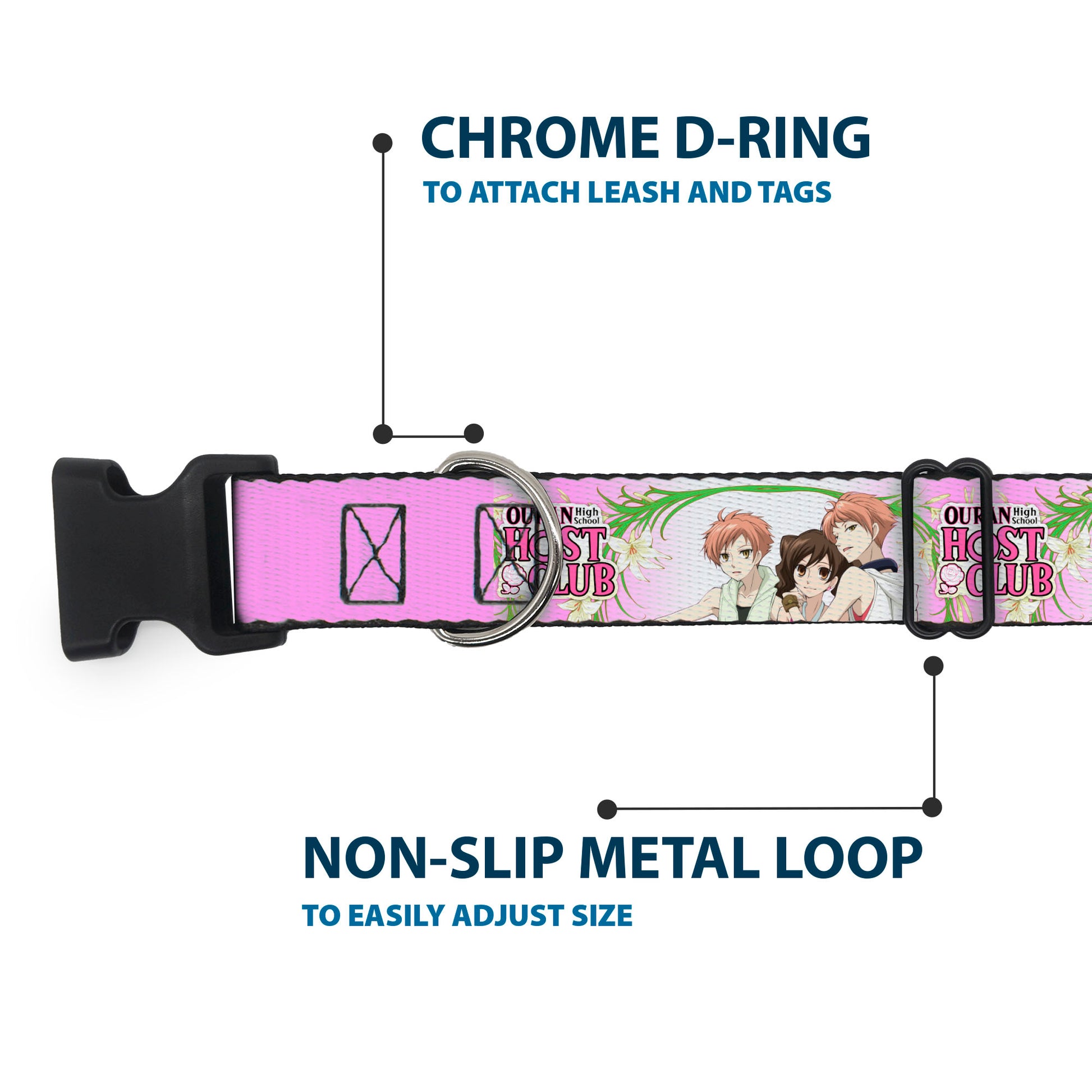 Plastic Clip Collar - OURAN HIGH SCHOOL HOST CLUB Haruhi and Hitachiin Twins Lilies Pose and Title Logo Pinks Plastic Clip Collars Ouran High School Host Club