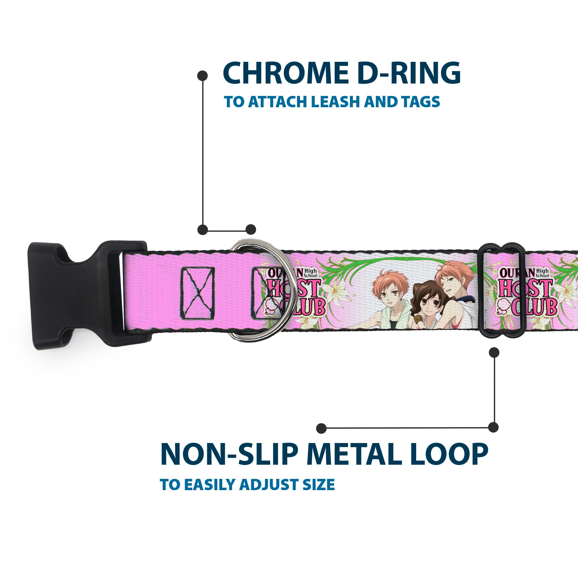 Plastic Clip Collar - OURAN HIGH SCHOOL HOST CLUB Haruhi and Hitachiin Twins Lilies Pose and Title Logo Pinks Plastic Clip Collars Ouran High School Host Club
