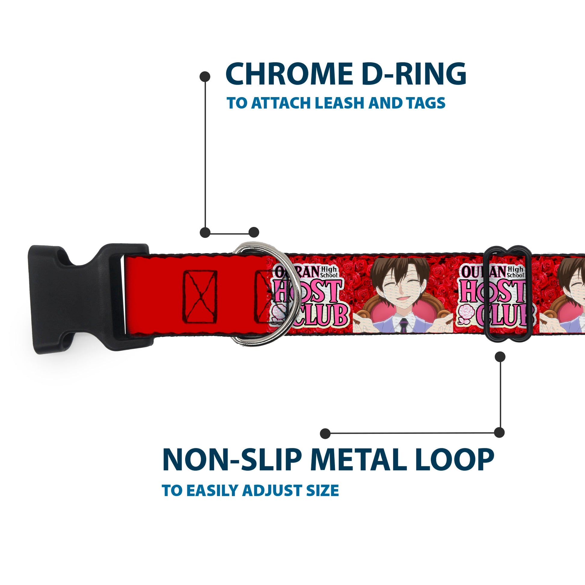 Plastic Clip Collar - OURAN HIGH SCHOOL HOST CLUB Haruhi Smiling Pose with Roses and Title Logo Reds Plastic Clip Collars Ouran High School Host Club