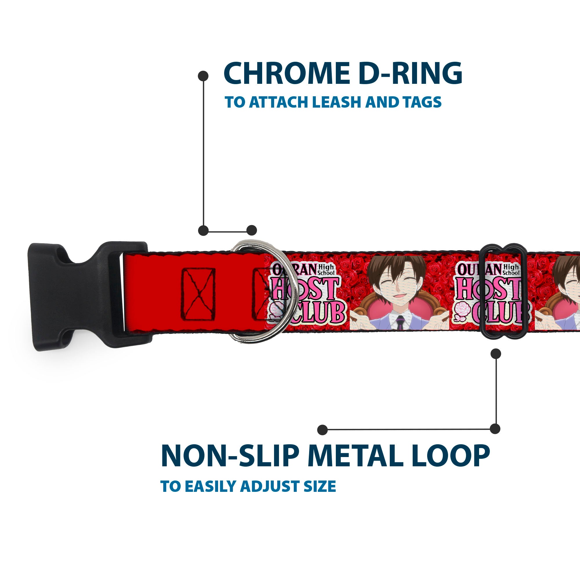 Plastic Clip Collar - OURAN HIGH SCHOOL HOST CLUB Haruhi Smiling Pose with Roses and Title Logo Reds Plastic Clip Collars Ouran High School Host Club