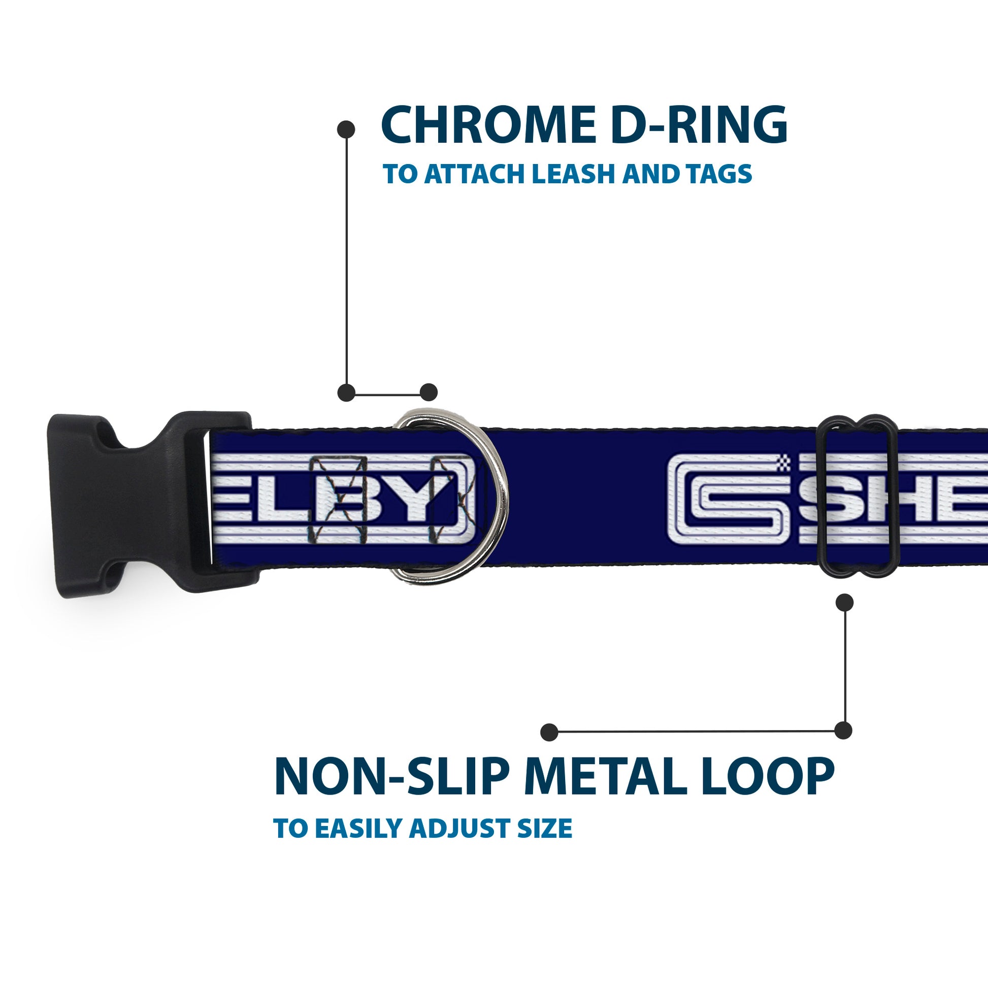 Plastic Clip Collar - Carroll Shelby CS SHELBY Racing Logo Block Navy/White Plastic Clip Collars Shelby