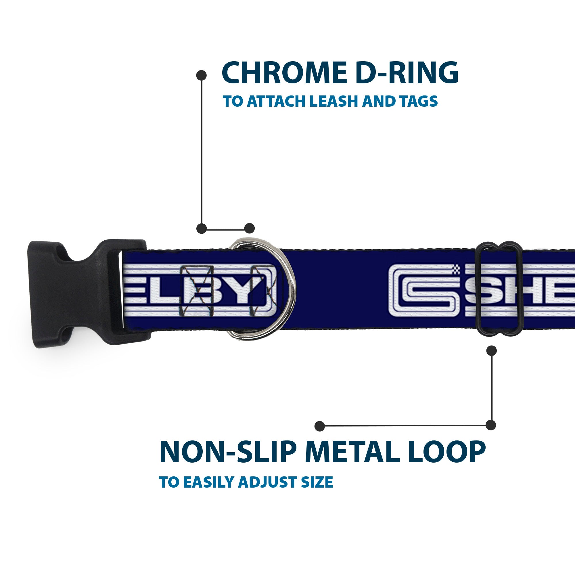 Plastic Clip Collar - Carroll Shelby CS SHELBY Racing Logo Block Navy/White Plastic Clip Collars Shelby