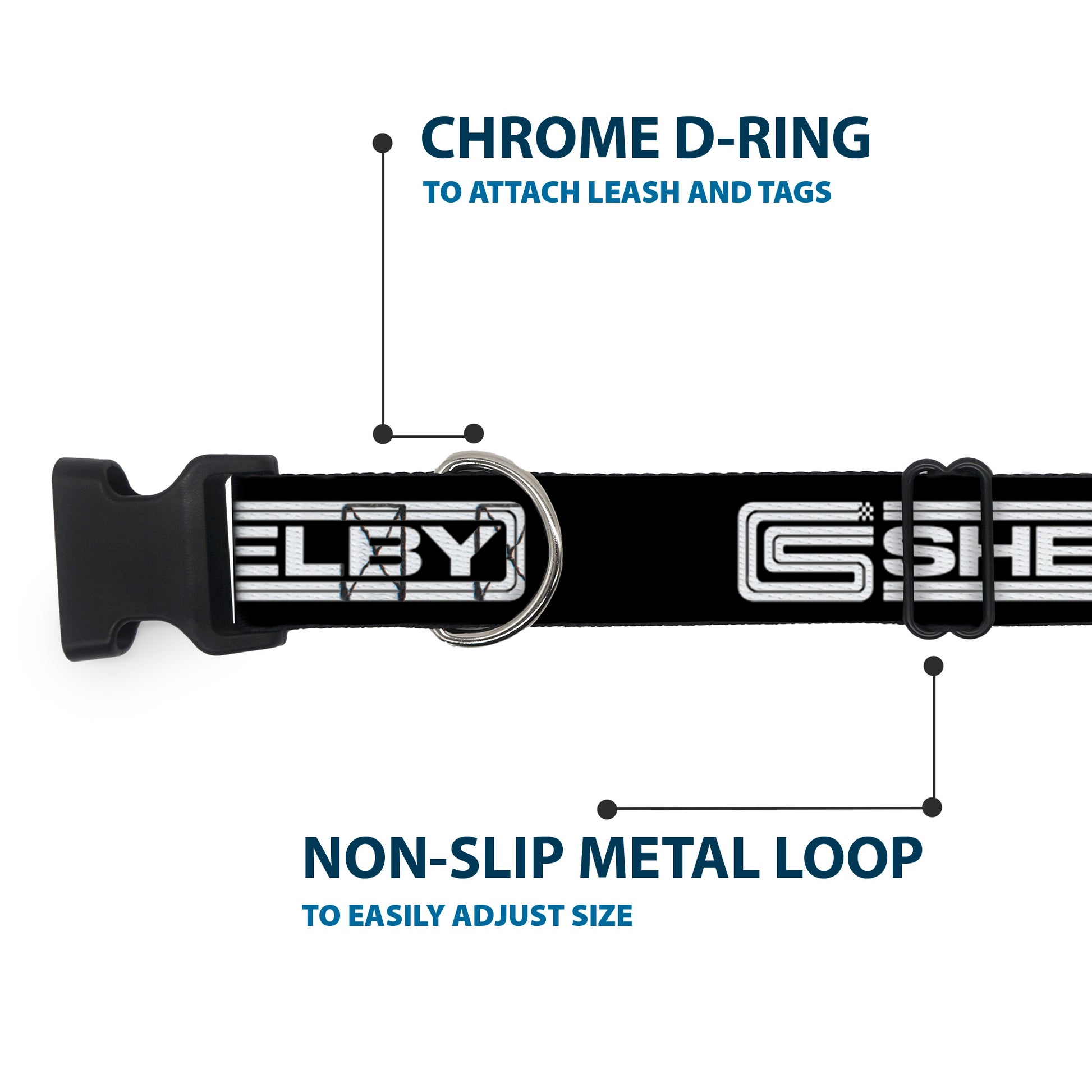 Plastic Clip Collar - Carroll Shelby CS SHELBY Racing Logo Block Black/White Plastic Clip Collars Shelby