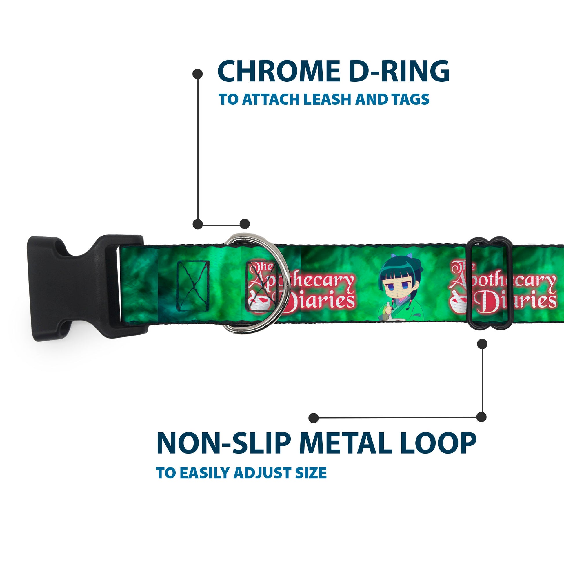 Plastic Clip Collar - THE APOTHECARY DIARIES Maomao Grinding Pose and Title Logo Greens Plastic Clip Collars The Apothecary Diaries