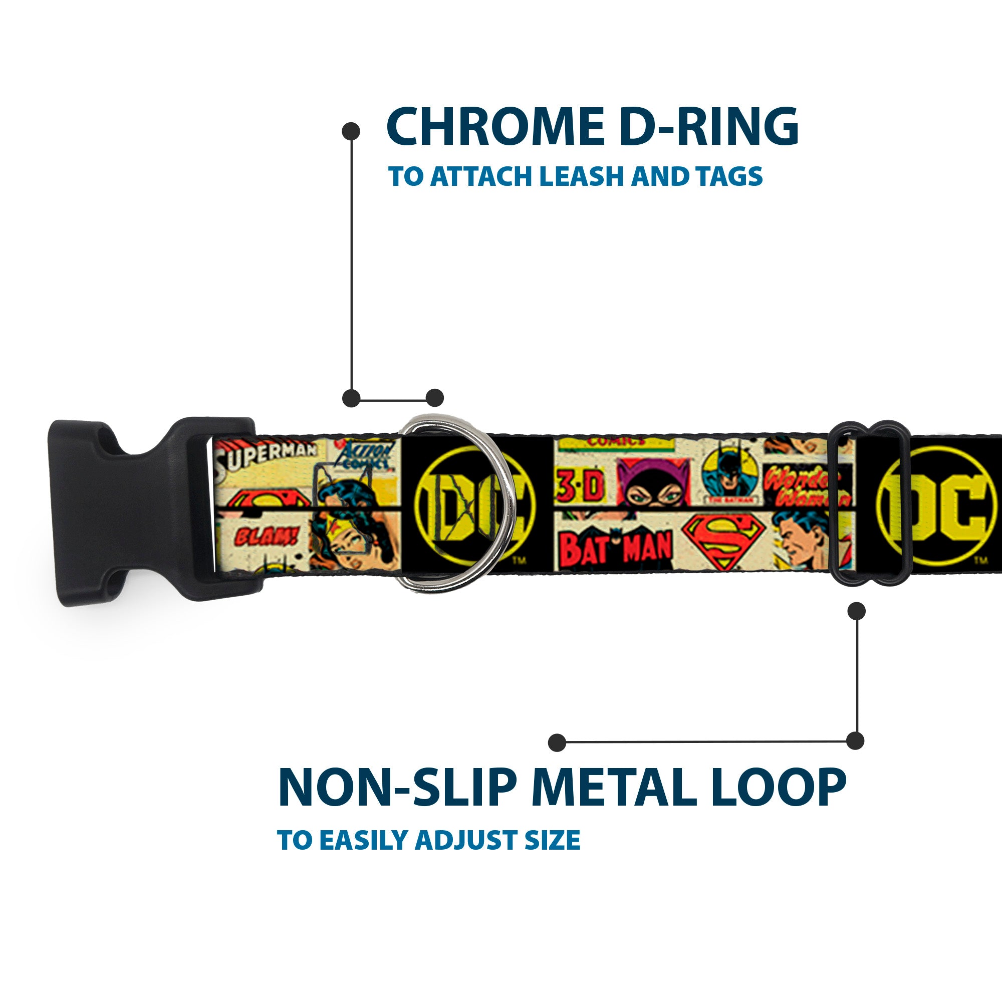 Plastic Clip Collar - Vintage DC Comics Superhero and Logos Collage Black Plastic Clip Collars DC Comics