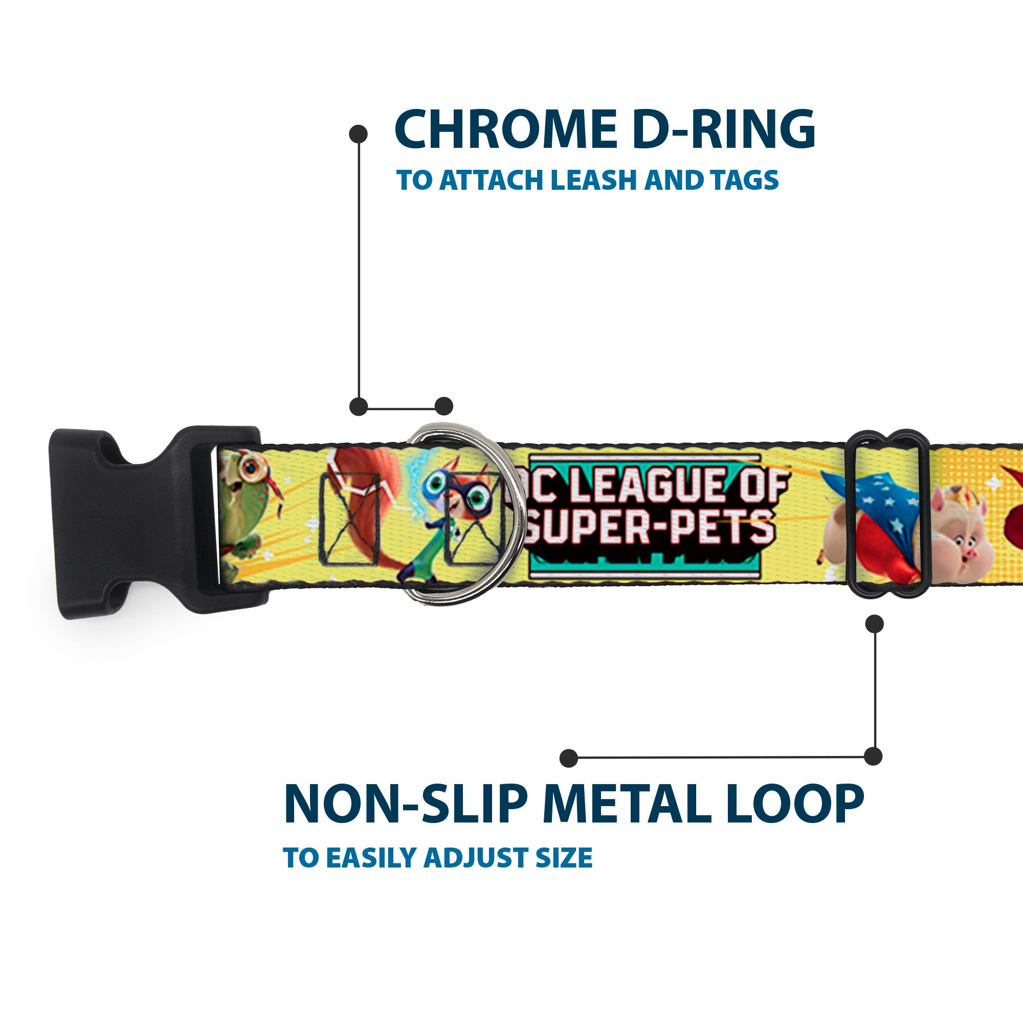 Plastic Clip Collar - DC LEAGUE OF SUPER-PETS 6-Superhero Pet Poses Collage Yellows Plastic Clip Collars DC Comics
