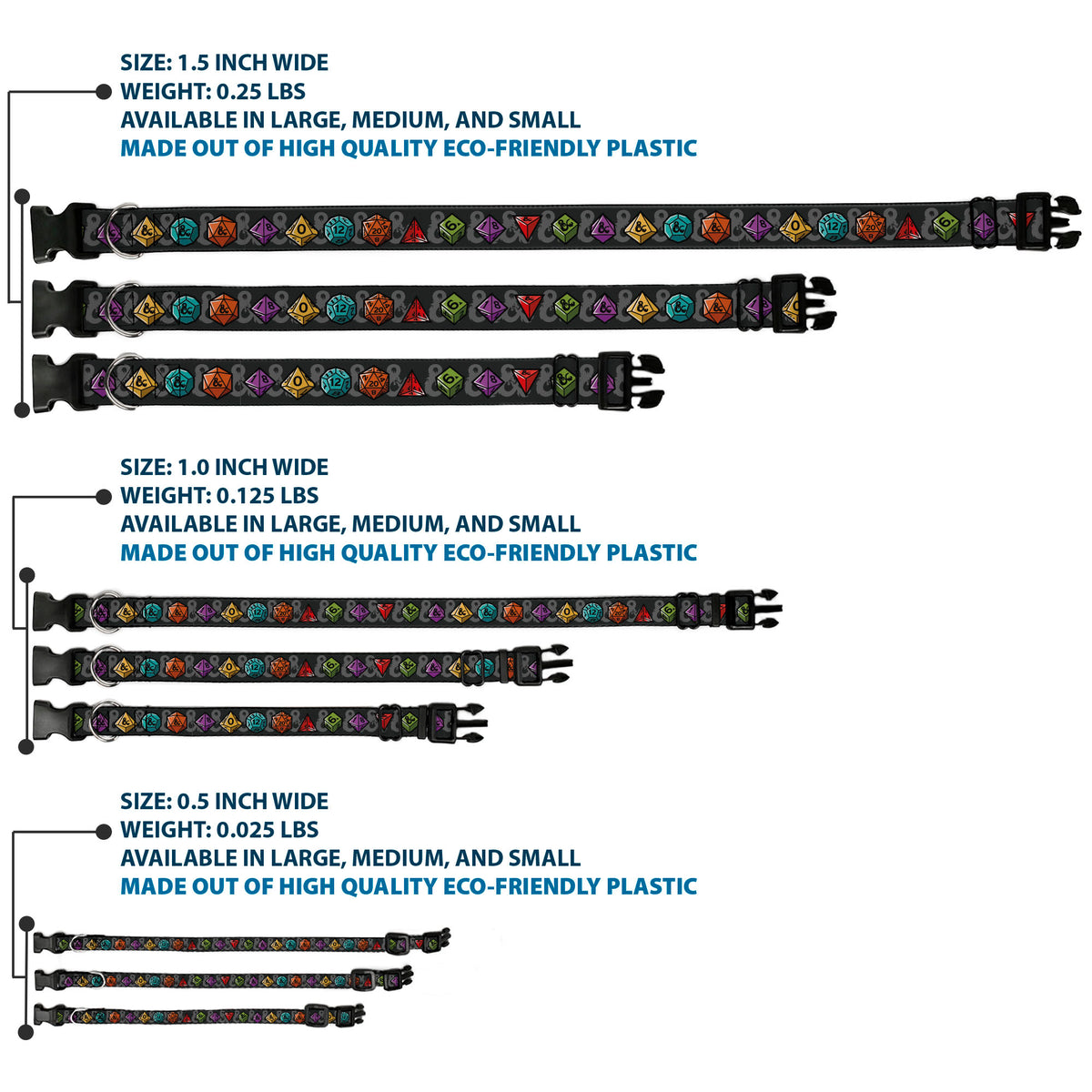 Plastic Clip Collar - Dungeons & Dragons Dice and Ampersand Logo Dark Gray/Multi Color Dog Collars Plastic Clip Side Release Dungeons & Dragons