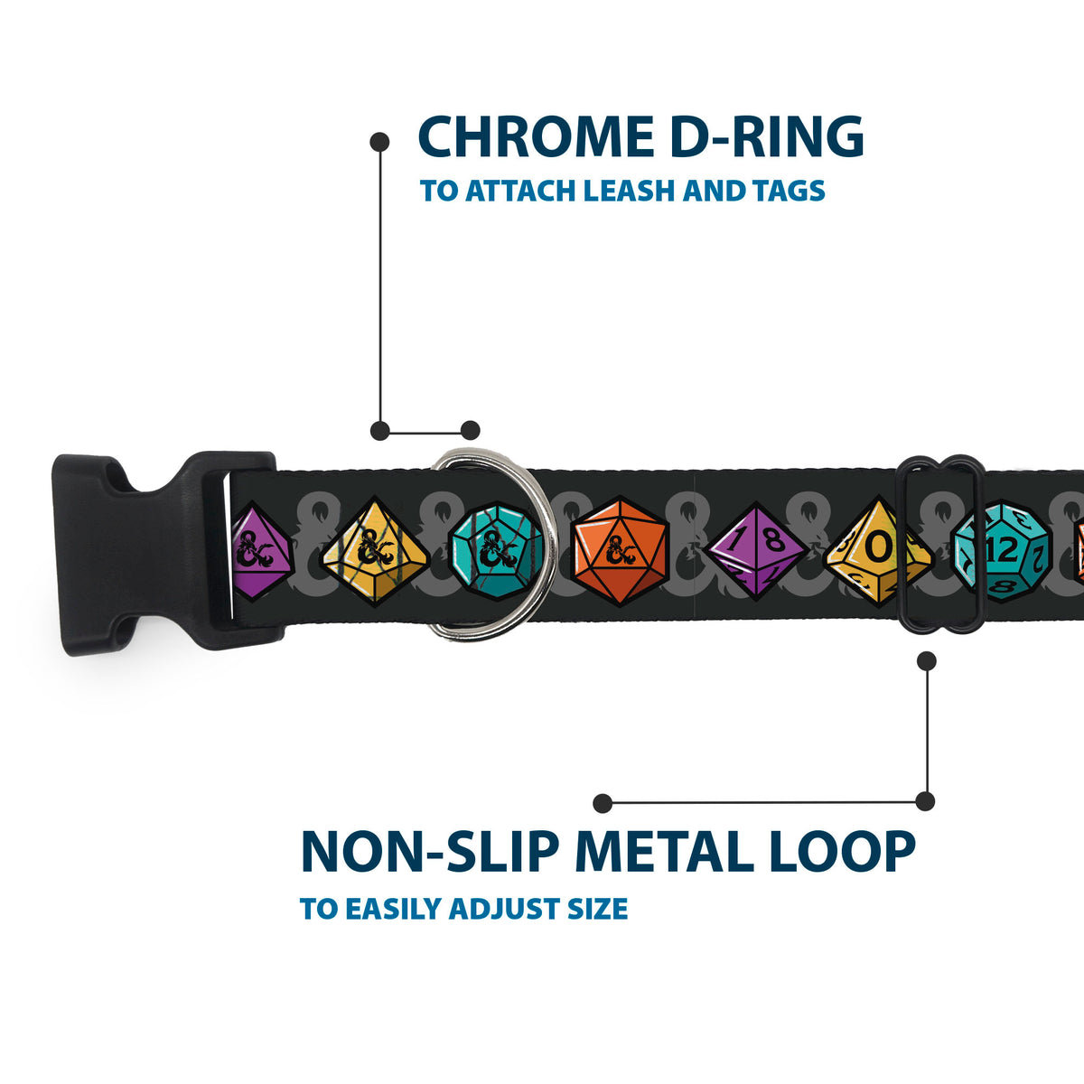 Plastic Clip Collar - Dungeons & Dragons Dice and Ampersand Logo Dark Gray/Multi Color Dog Collars Plastic Clip Side Release Dungeons & Dragons