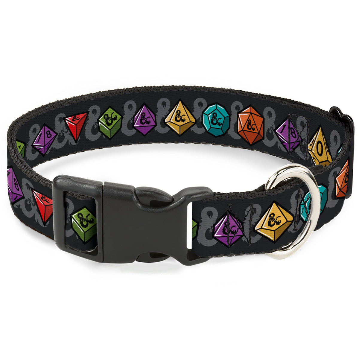 Plastic Clip Collar - Dungeons & Dragons Dice and Ampersand Logo Dark Gray/Multi Color Dog Collars Plastic Clip Side Release Dungeons & Dragons