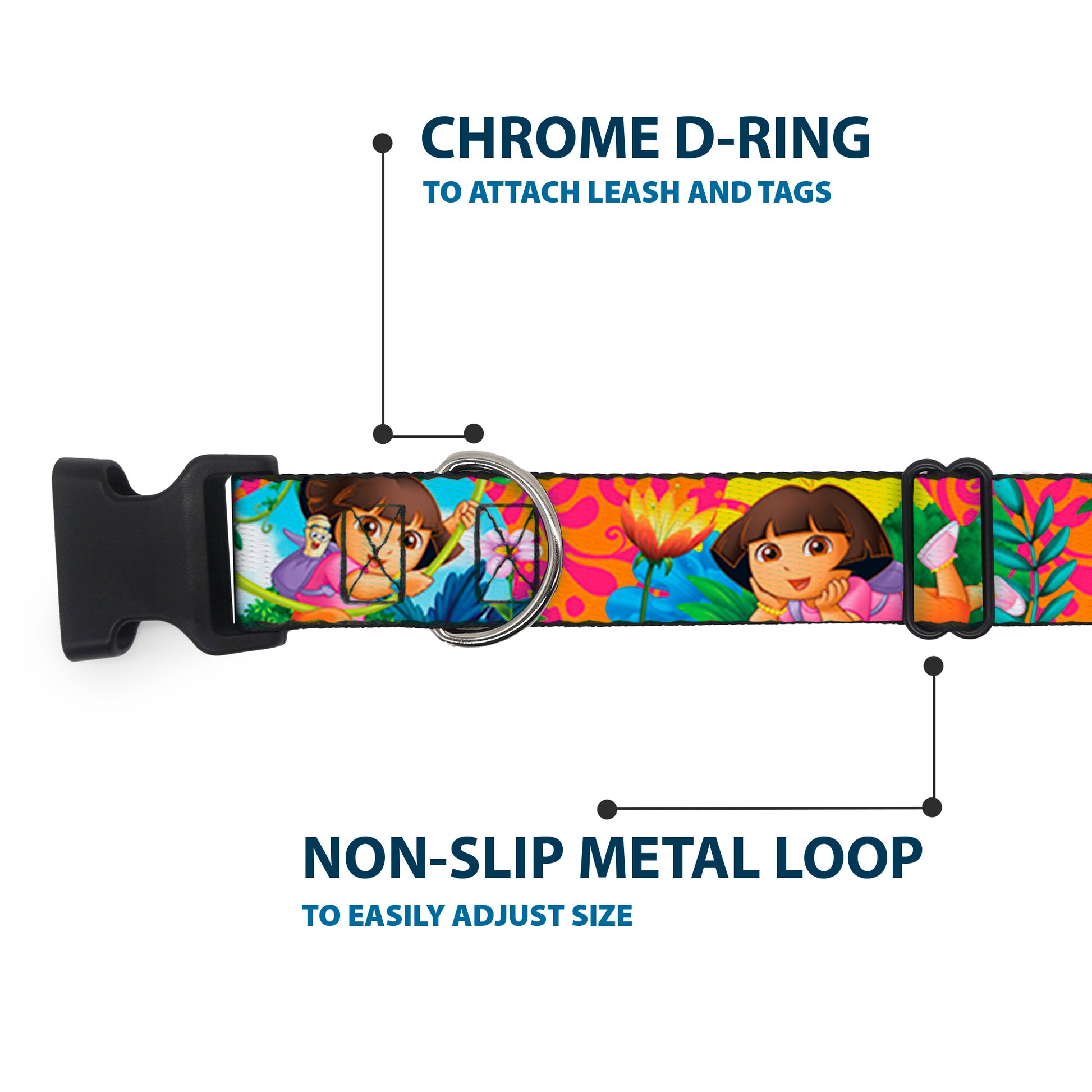 Plastic Clip Collar - DORA THE EXPLORER Dora Poses/Floral Collage Orange/Pink Plastic Clip Collars Dora the Explorer