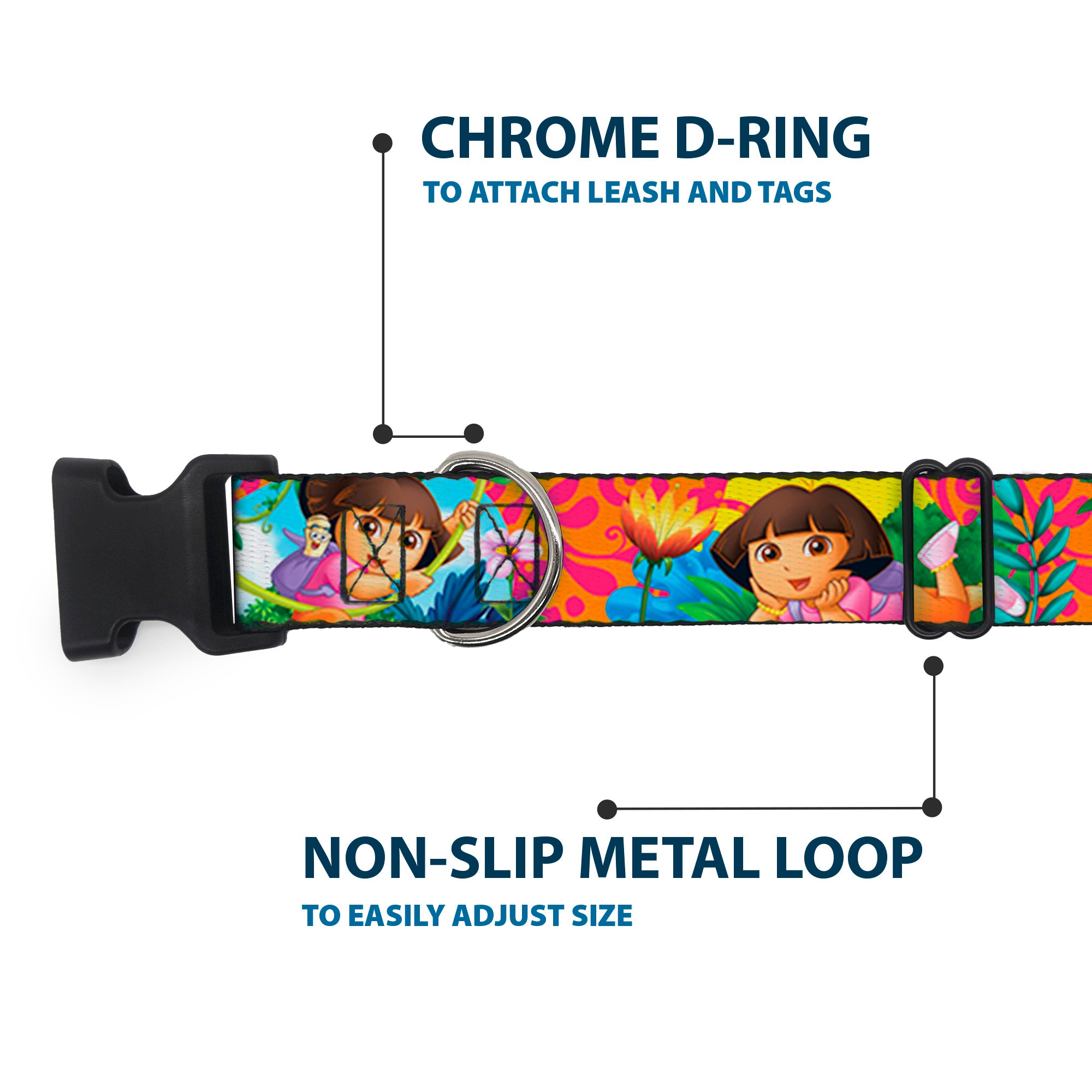 Plastic Clip Collar - DORA THE EXPLORER Dora Poses/Floral Collage Orange/Pink Plastic Clip Collars Dora the Explorer