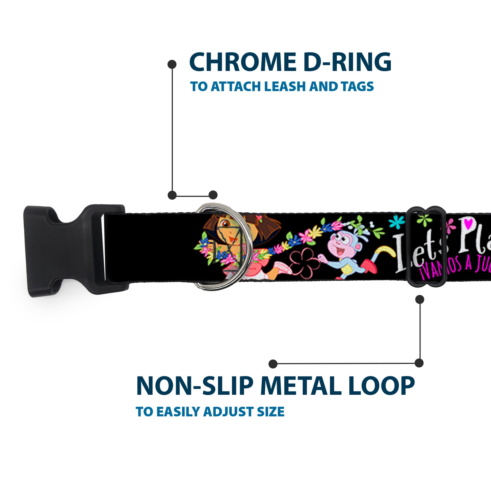 Plastic Clip Collar - Dora & Boots Pose/Floral LET'S PLAY!/VAMOS A JUGAR! Black/White/Multi Color Plastic Clip Collars Dora the Explorer