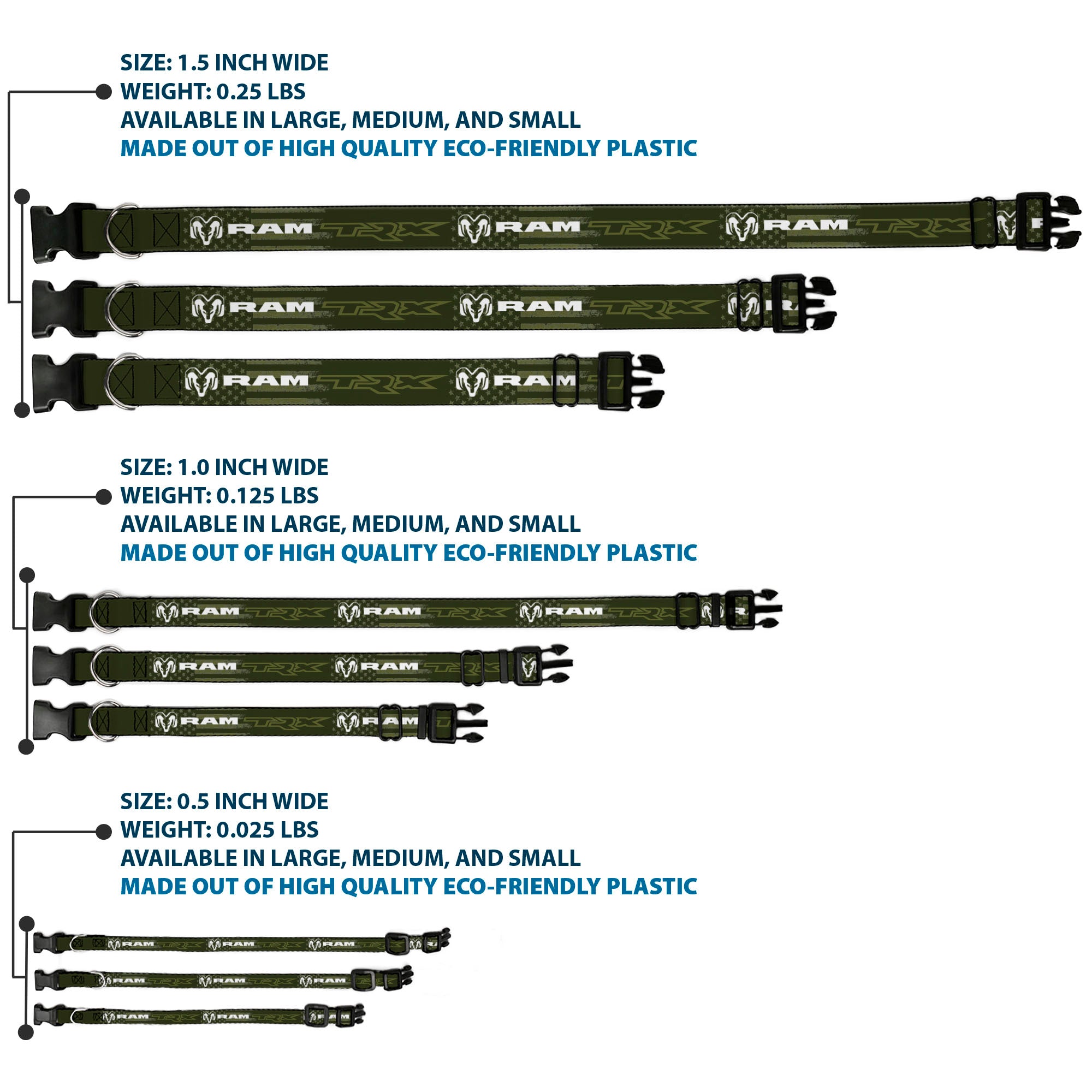 Plastic Clip Collar - RAM TRX Text and Logo Americana Weathered Olive/White Plastic Clip Collars Ram