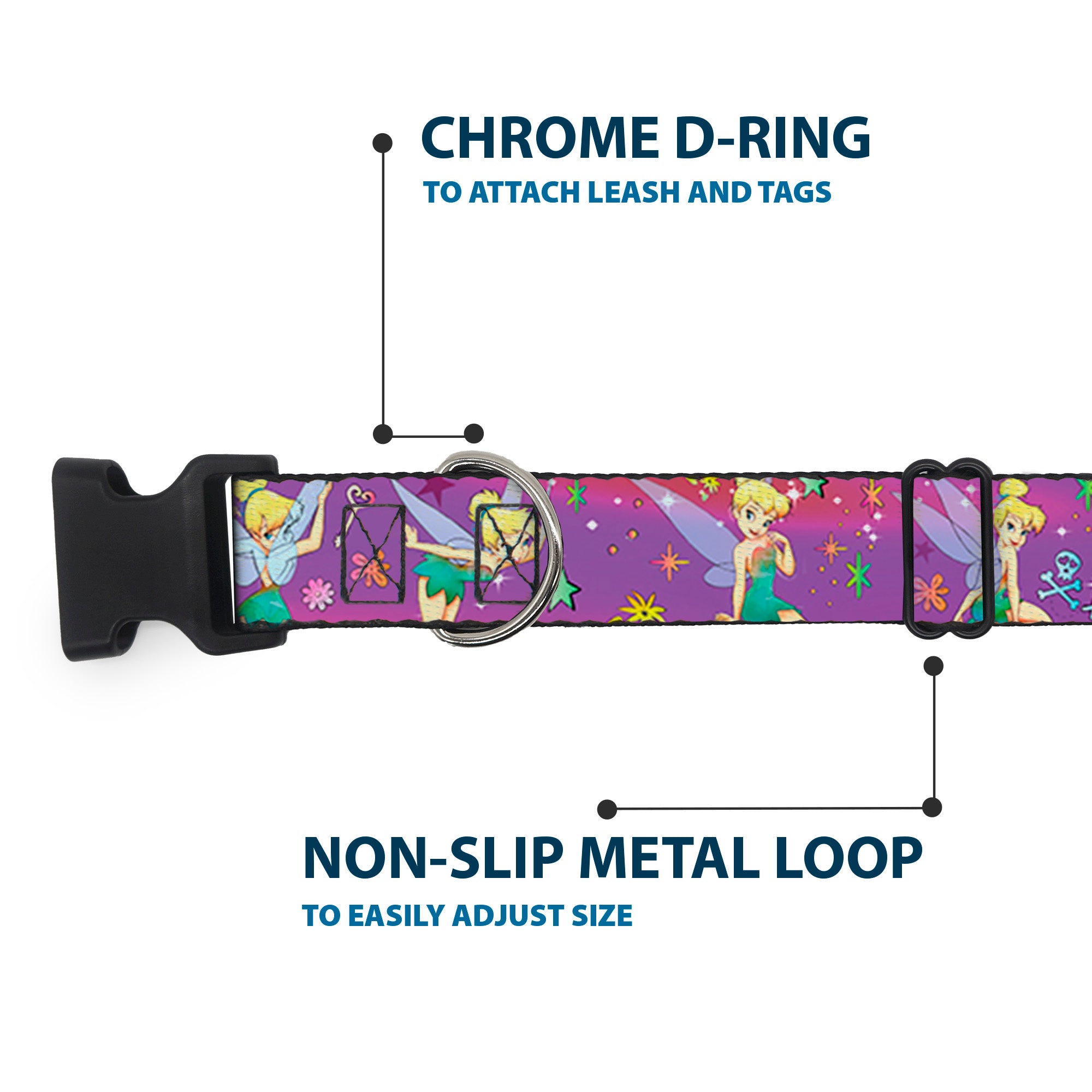 Plastic Clip Collar - Tinker Bell Poses/Flowers/Stars/Skull Purple Plastic Clip Collars Disney