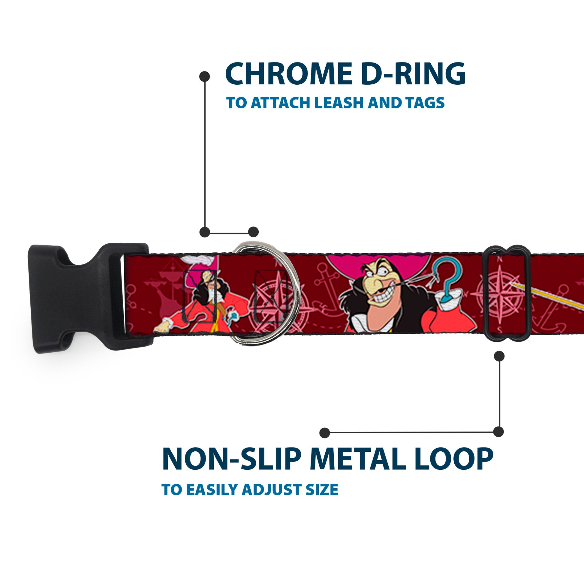 Plastic Clip Collar - Captain Hook Poses/Nautical Elements Burgundy Plastic Clip Collars Disney