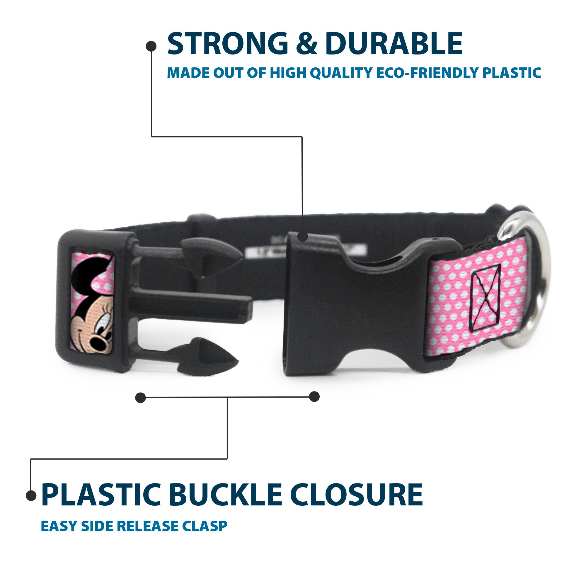 Plastic Clip Collar - Minnie Mouse Expressions Polka Dot Pink/White Plastic Clip Collars Disney