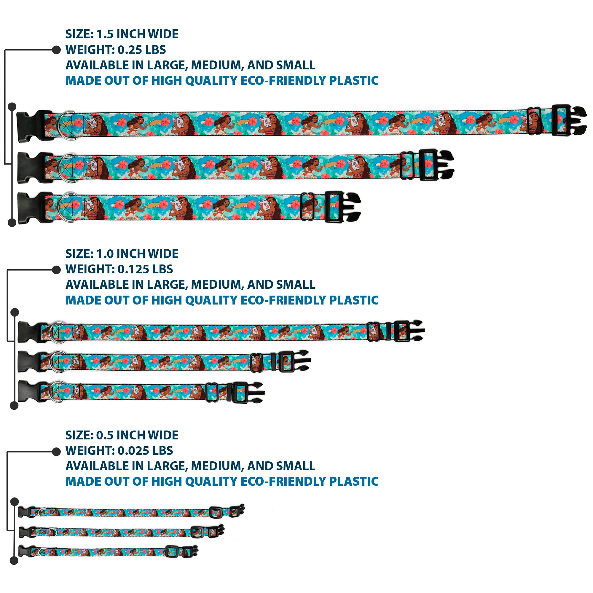 Plastic Clip Collar - Moana Poses and Pua Flowers Blues Plastic Clip Collars Disney