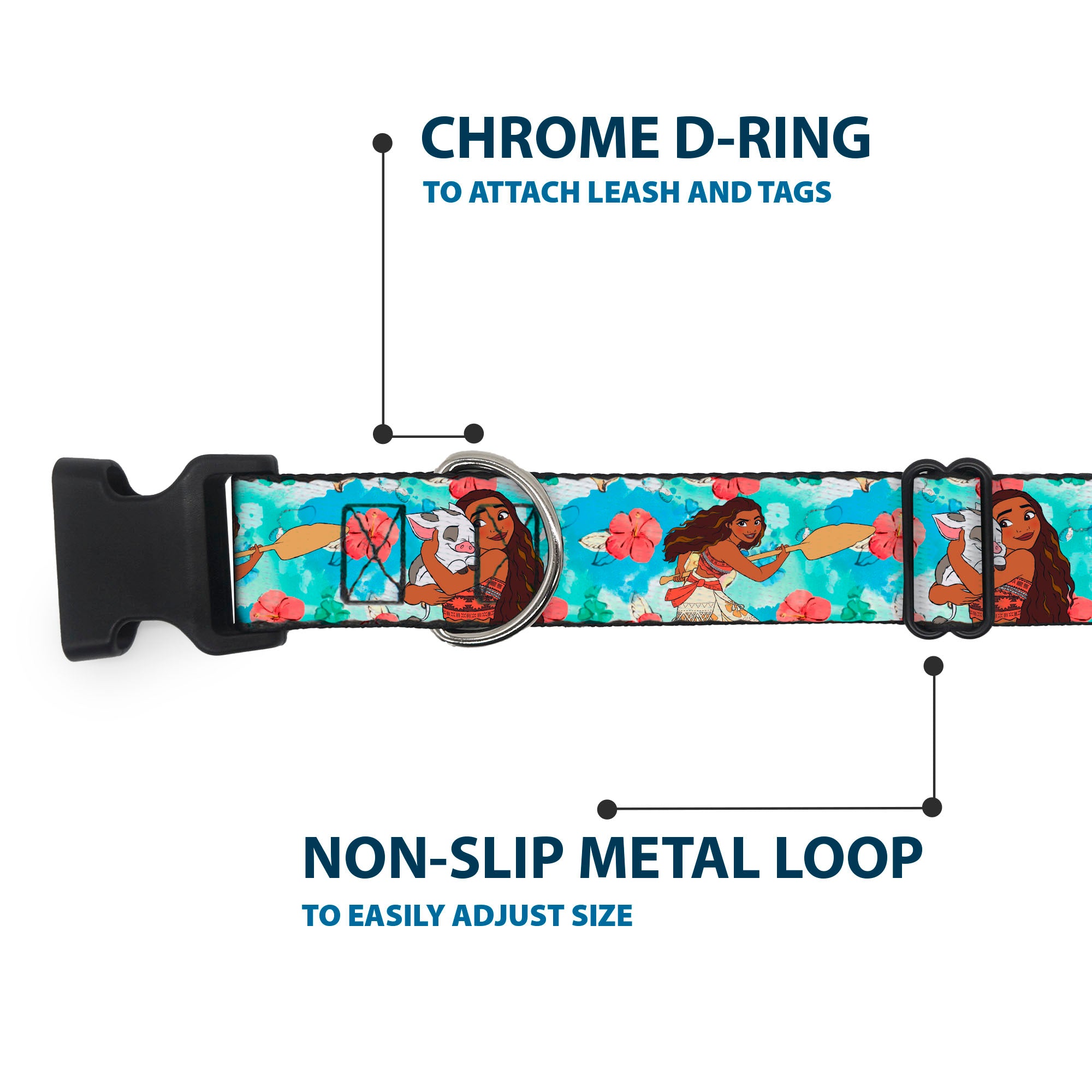 Plastic Clip Collar - Moana Poses and Pua Flowers Blues Plastic Clip Collars Disney