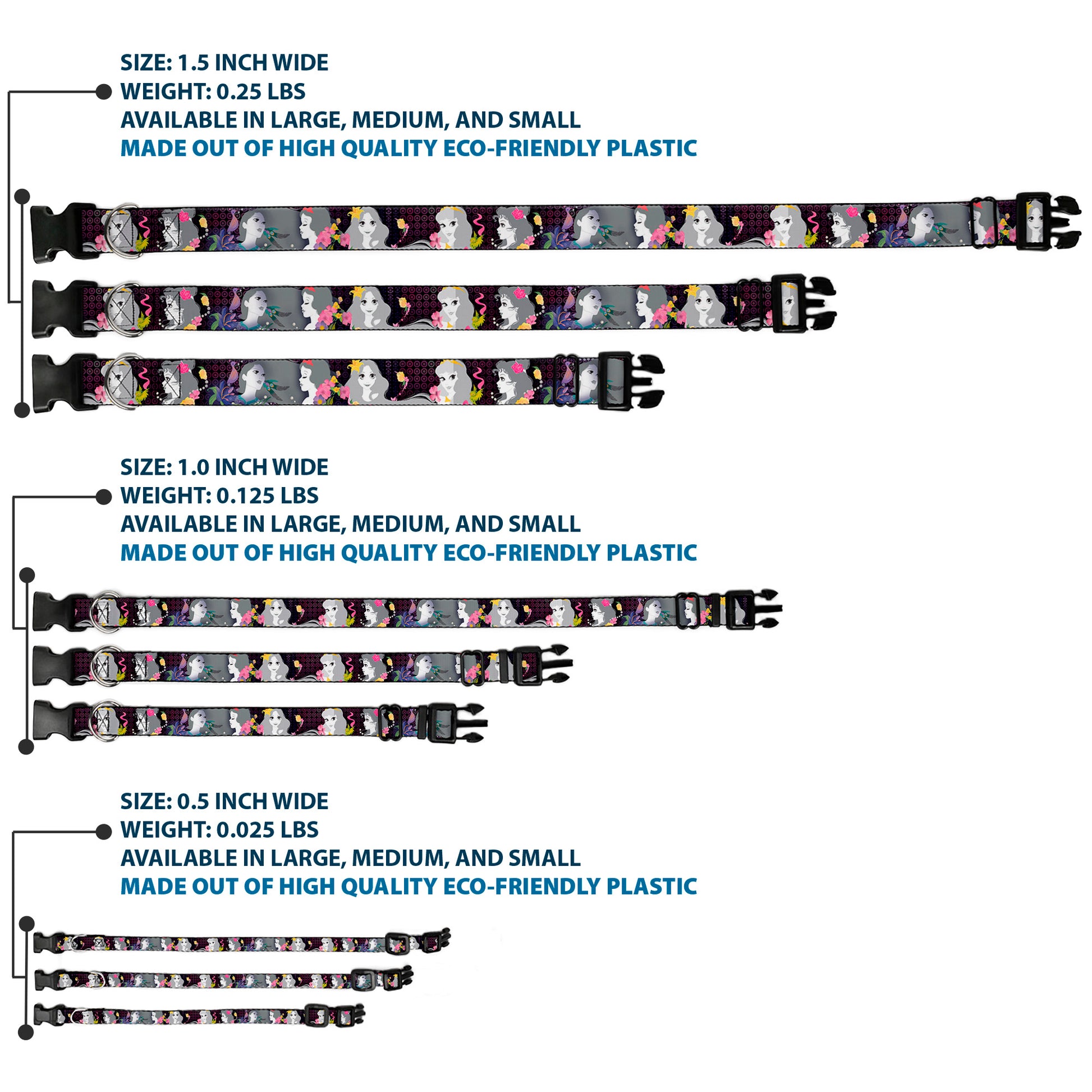 Plastic Clip Collar - Princess Silhouettes Dots Black/Purple/Gray/Multi Color Plastic Clip Collars Disney