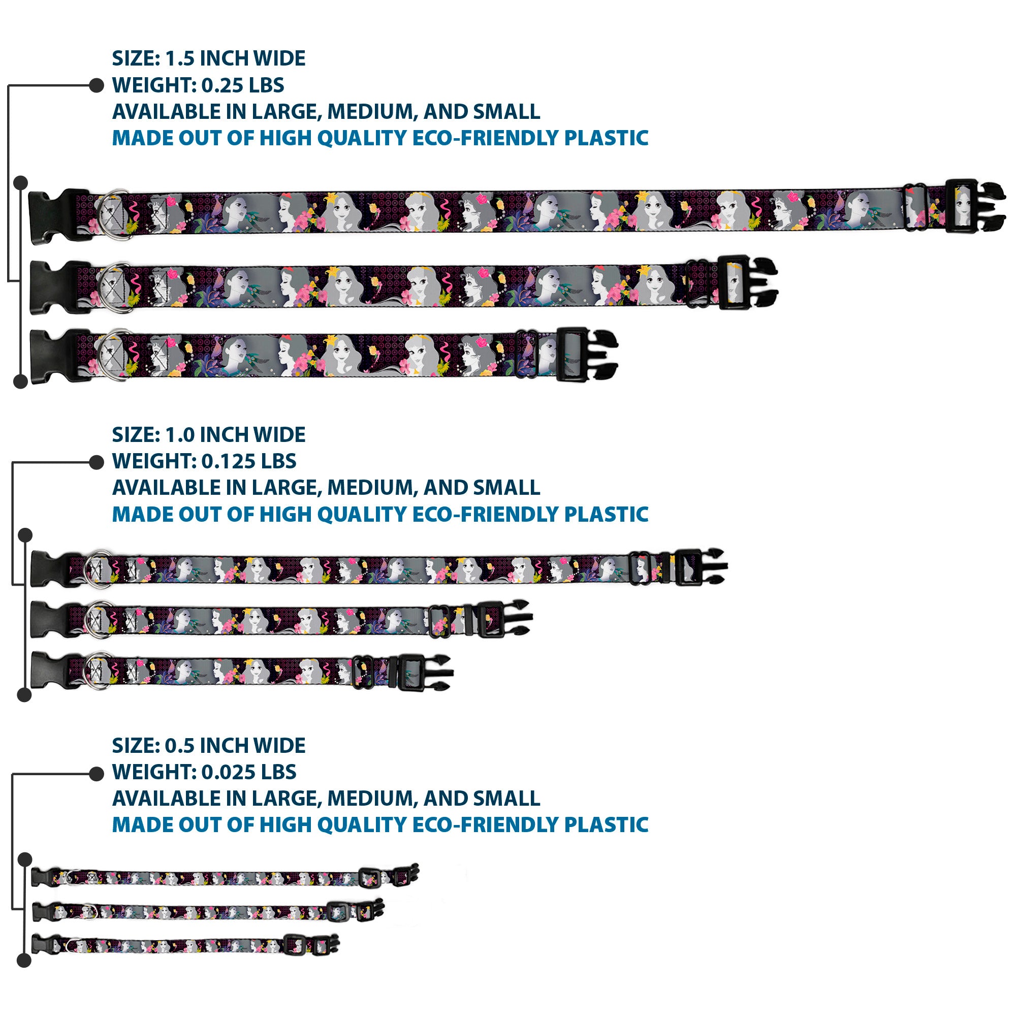 Plastic Clip Collar - Princess Silhouettes Dots Black/Purple/Gray/Multi Color Plastic Clip Collars Disney